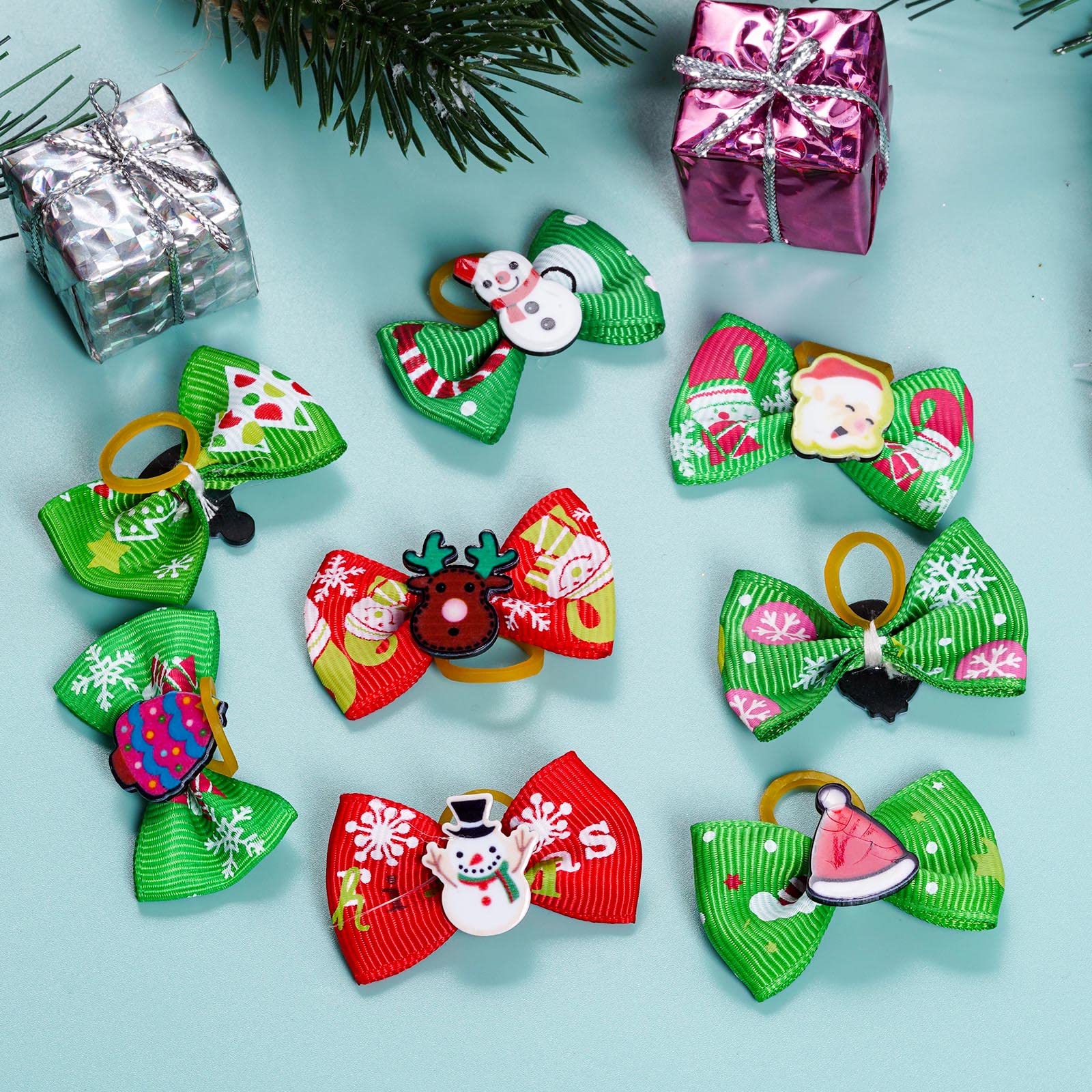 Christmas Dog Hair Bows 20pcs - Red & Green Pet Accessories for Holiday Parties