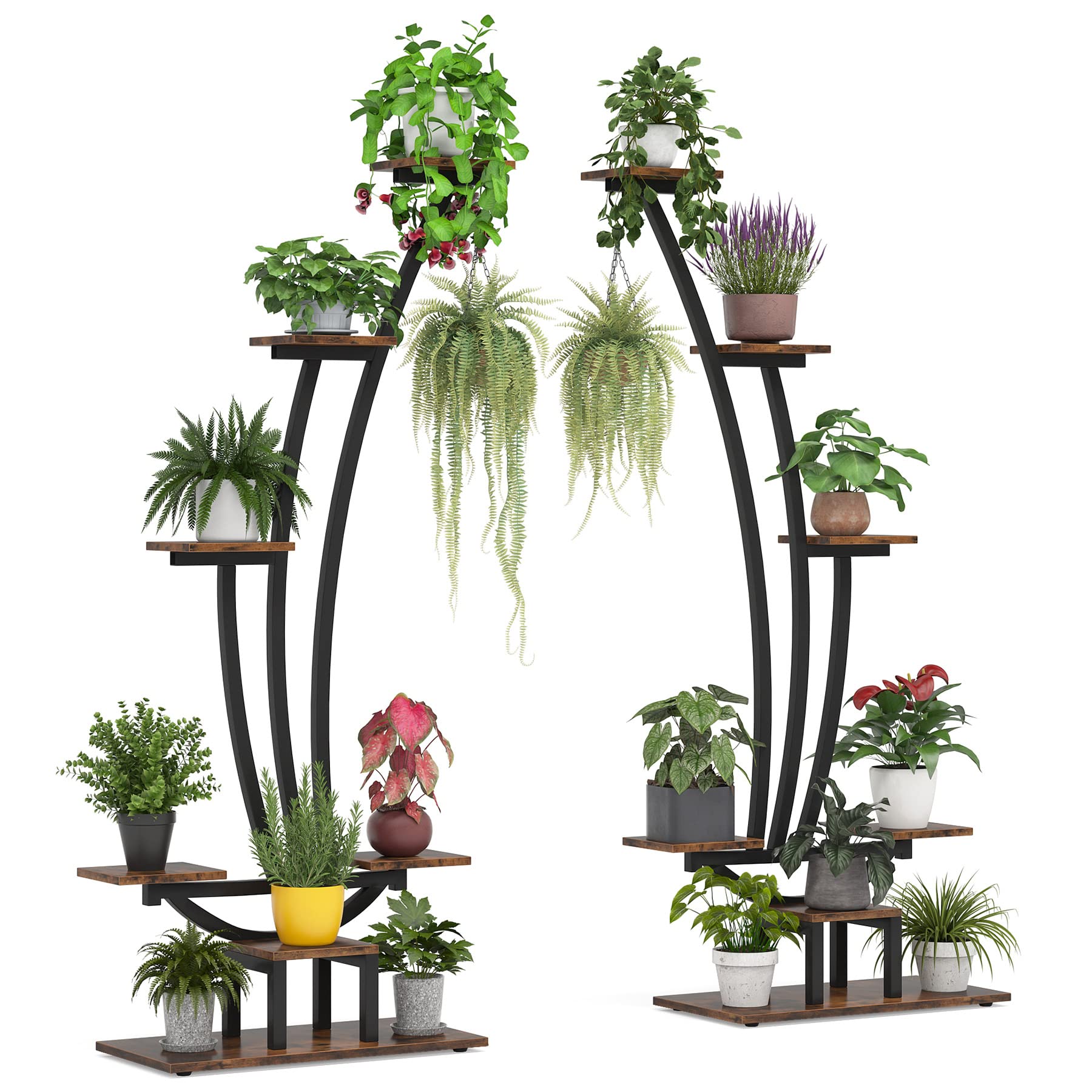 Tribesigns 6-Tier Tall Indoor Plant Stand - Set of 2 Metal Curved Display Shelves with Hanging Hooks for Bonsai, Flower Pots & Home Decor - Perfect for Living Room, Garden, Balcony & Indoor Plants Organization