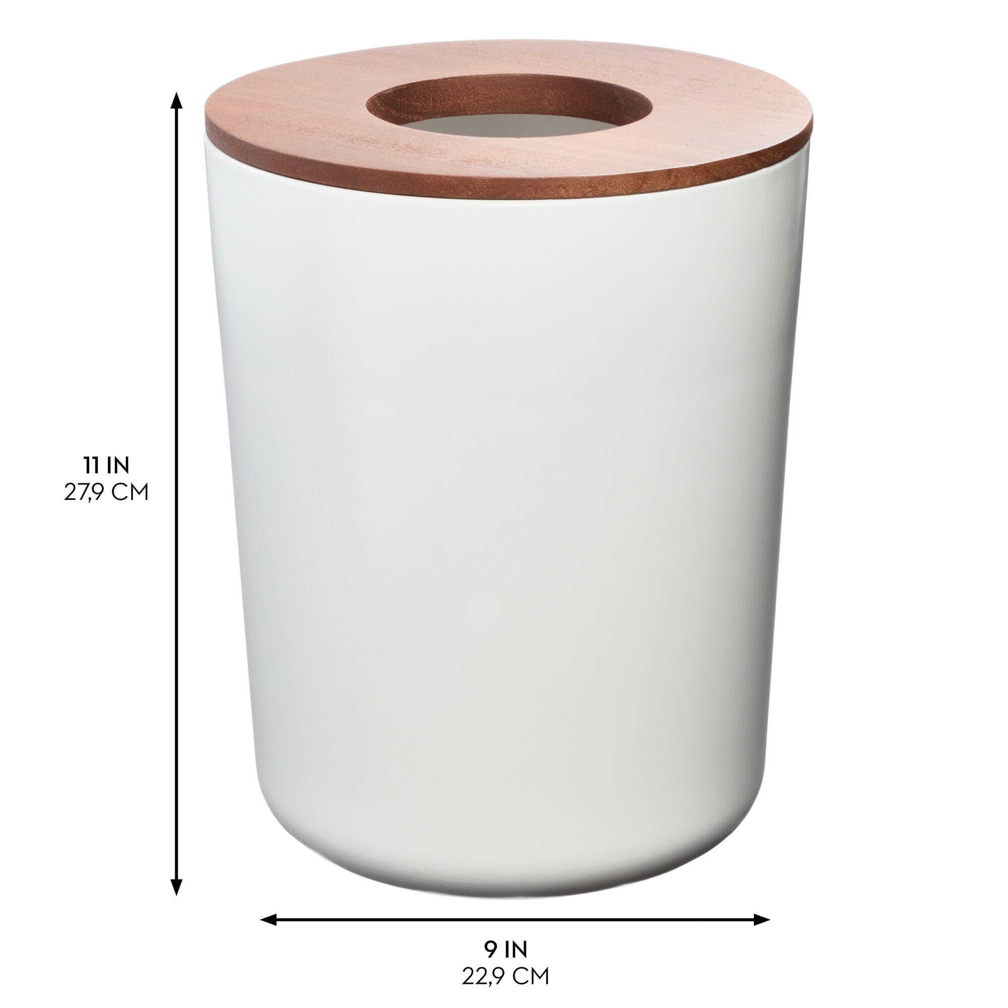 iDesign Small Round Bathroom Trash Can with Wood Lid - Coconut White | Compact Waste Bin for Bathroom, Kitchen, Office | Space-Saving Garbage Can with Stylish Wooden Cover