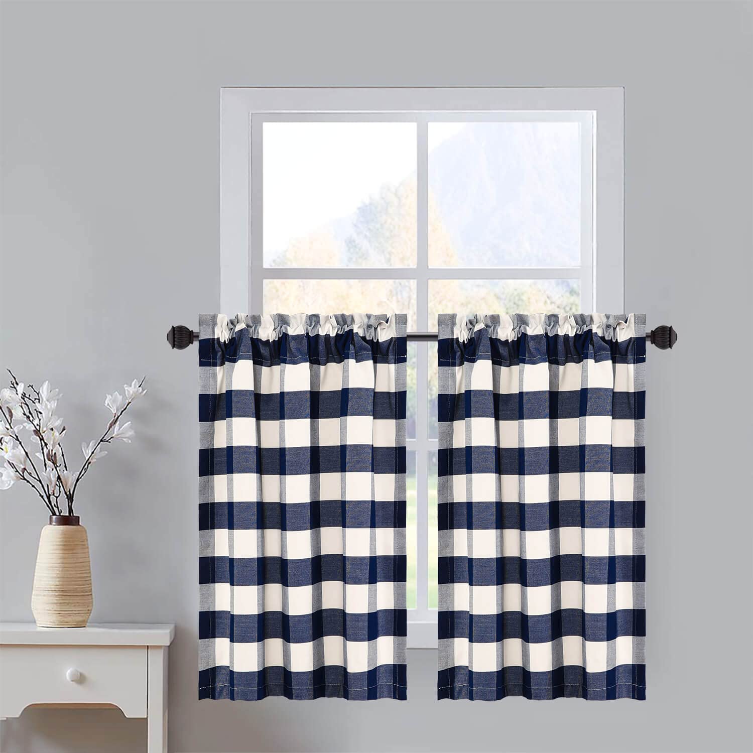 VOGOL Rustic Country Striped Kitchen Linen Tier Curtains - 24 Inch Length Privacy Cafe Curtains Set for Small Windows in Bathroom & Living Room (Navy Blue & White) - Perfect for Farmhouse Decor, Kitchen Windows & Cozy Home Style