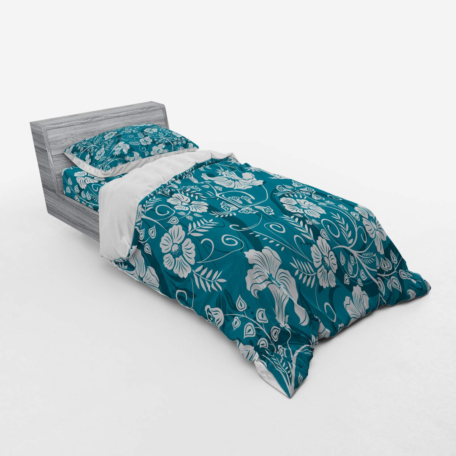Ambesonne Floral Duvet Cover Set - 3 Piece Twin Size Bedding with Sham & Fitted Sheet, Romantic Modern Petrol Blue Teal White Design with Blossoms Leaves - Perfect for Master Bedroom, Guest Room & Bohemian Home Decor