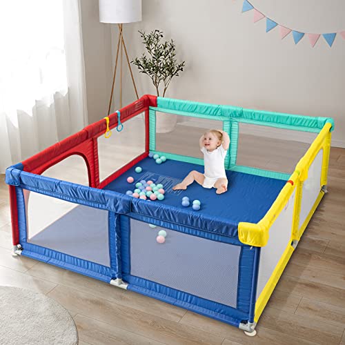 Lovin&Hugin Extra Large Baby Playpen with 50 PCS Pit Balls - Safe Play Yard for Toddlers & Infants with Zipper Gate, Breathable Mesh | Indoor & Outdoor Baby Cage Play Area for Boys & Girls | Perfect for Playrooms, Daycares, and Backyard Fun