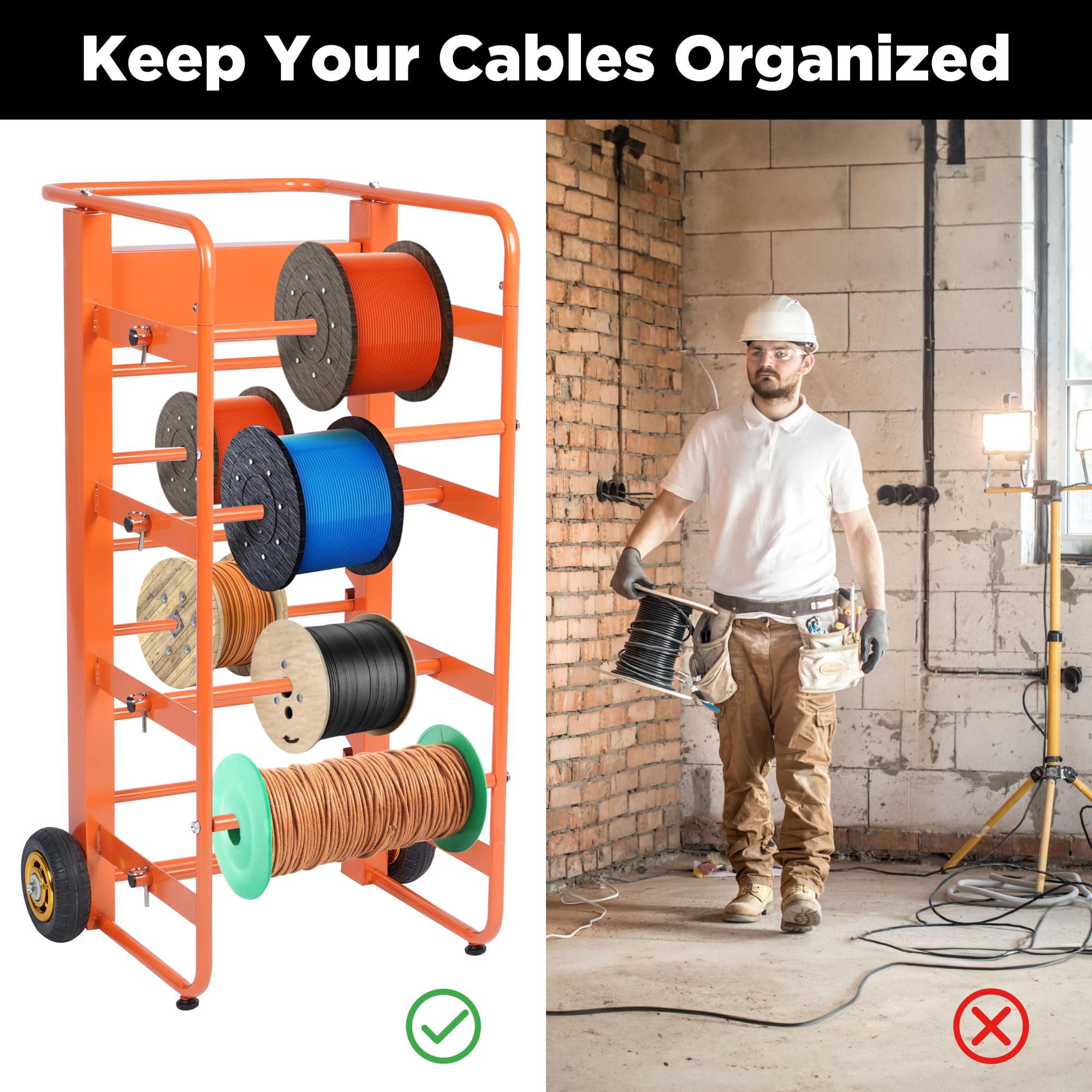Heavy Duty Wire Spool Rack with 11 Rods & Wheels - Multi-Spool Cable Caddy Cart for Efficient Workplace Organization - Perfect for Electricians, Construction Sites & DIY Projects