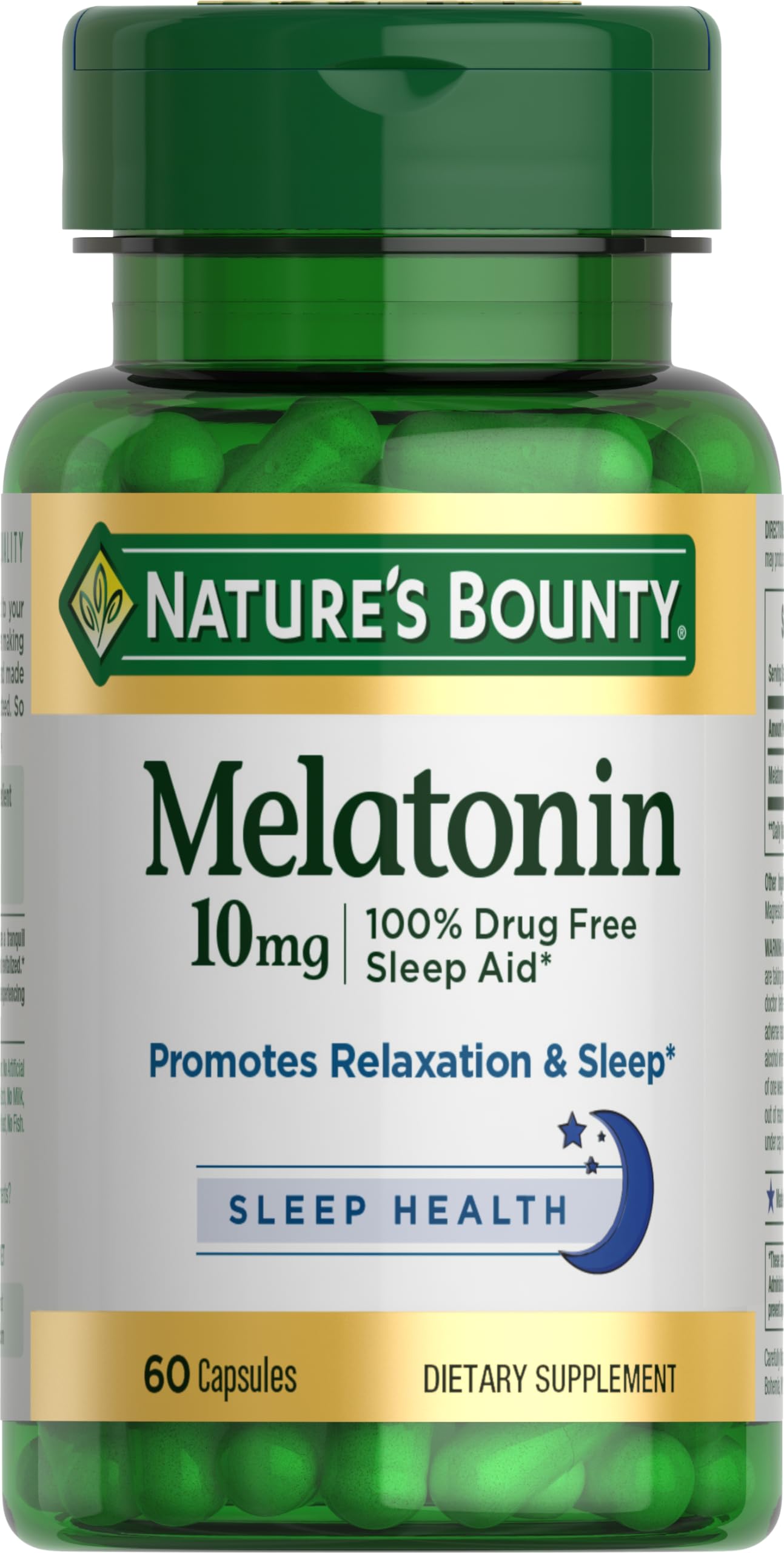 Nature's Bounty Melatonin 10mg - 60 Count | 100% Drug-Free Sleep Aid & Dietary Supplement | Promotes Restful Sleep for Jet Lag, Shift Work & Occasional Sleeplessness