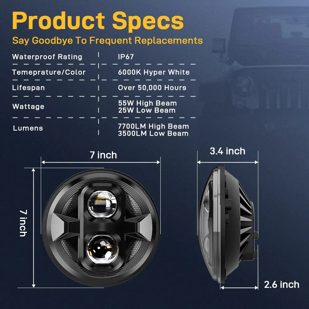 LOYO 7 Inch LED Headlight Kit - Compatible with Jeep Wrangler JK JKU TJ LJ, Chevy, Ford, GMC, Dodge, Mazda, Nissan, Mack, VW - High Brightness Off-Road Lighting for Adventure & Night Driving