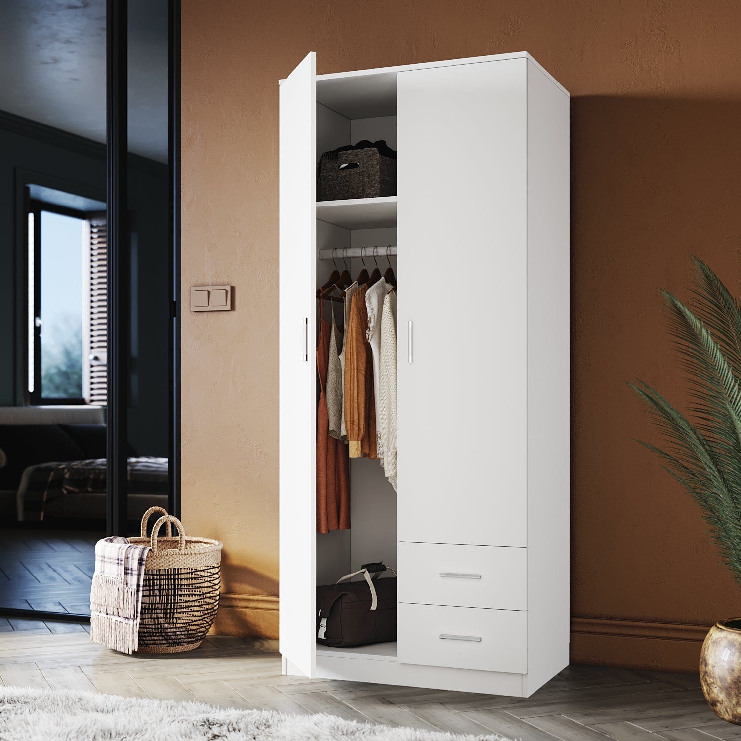 Elegant White Wooden Wardrobe - 2 Doors & 2 Drawers, 180cm Tall Storage Cabinet for Bedroom, Closet Organization & Home Decor