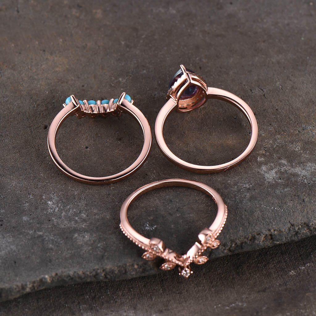 Vintage Pear Shaped Alexandrite Engagement Ring Set with Leaf Diamond & Turquoise Accents - Perfect for Weddings, Anniversaries & Romantic Proposals
