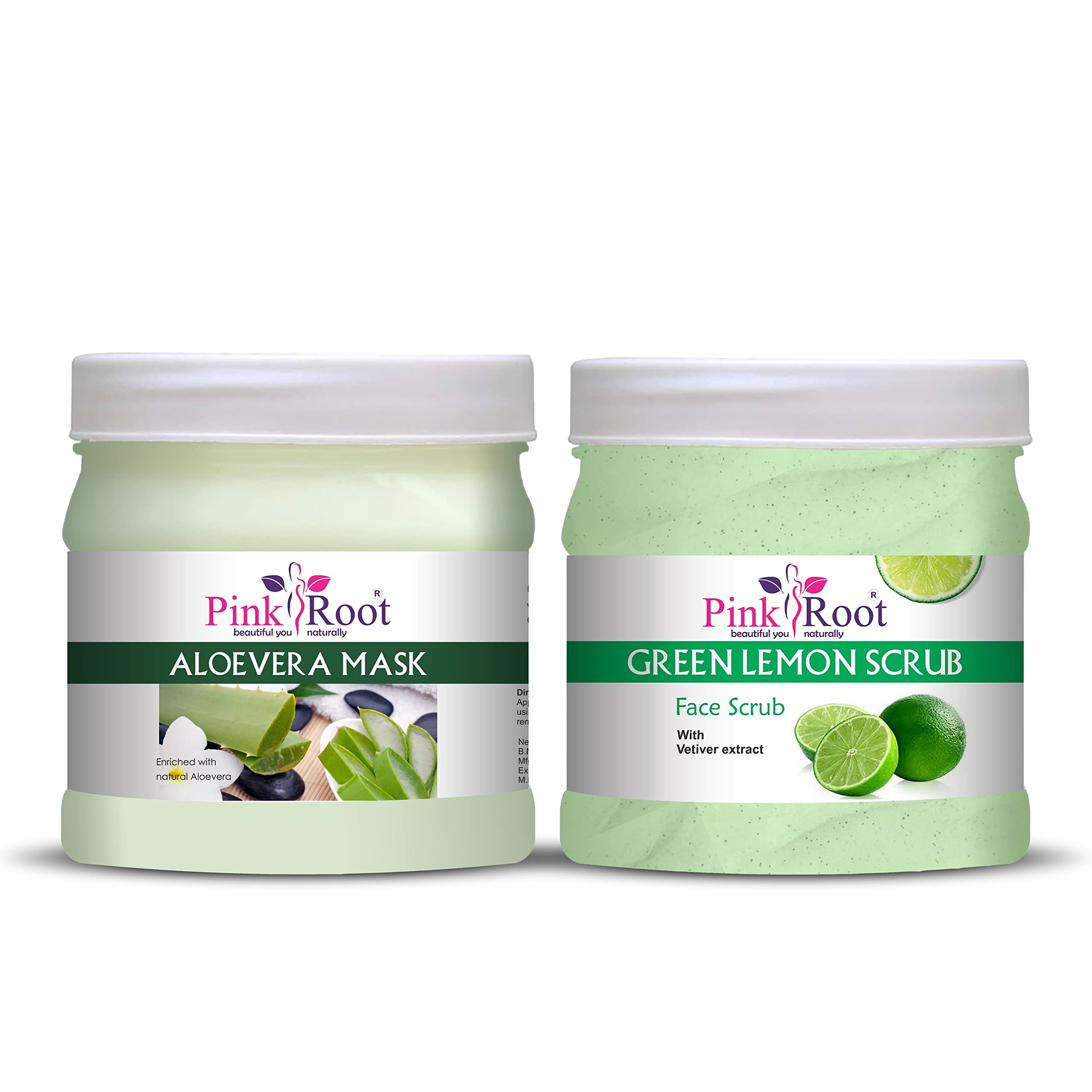 Organic Pink Root Aloe Vera Face Mask & Green Lemon Scrub Set - 500g Each - Hydrating & Exfoliating Skincare Duo for Glowing Skin - Perfect for Daily Facial Care & Spa Treatments