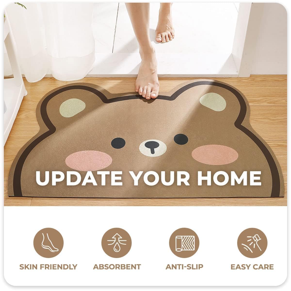 Super Absorbent Bathroom Rug - Non-Slip Ultra Soft Foam Bath Mat for Kitchen & Bathroom, Cute Bear Design, 19.6