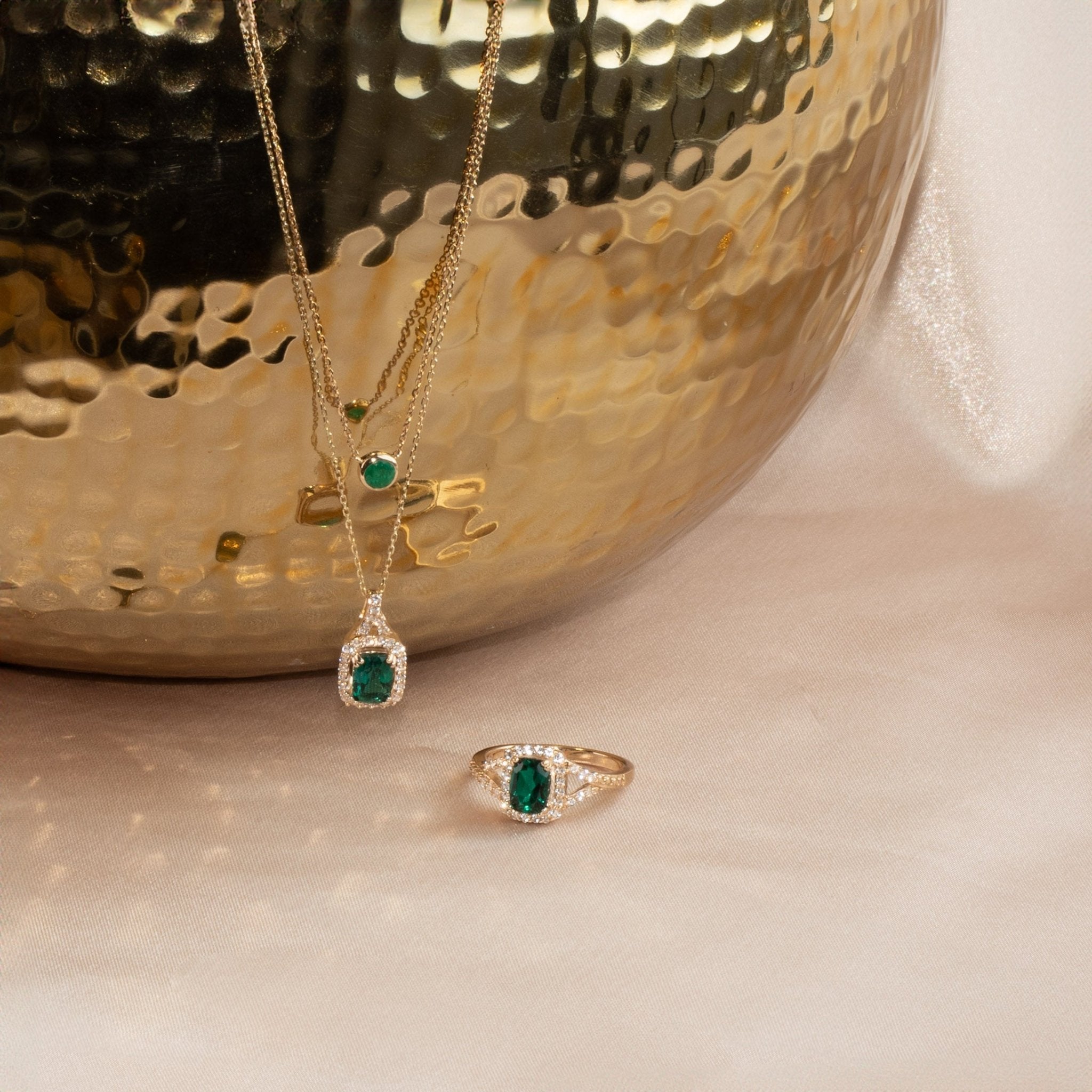 10k Yellow Gold Cushion Cut Emerald Pendant with White Sapphire Halo - Elegant Dainty Jewelry for Women, Perfect Gift for Anniversary, Birthday & Special Occasions