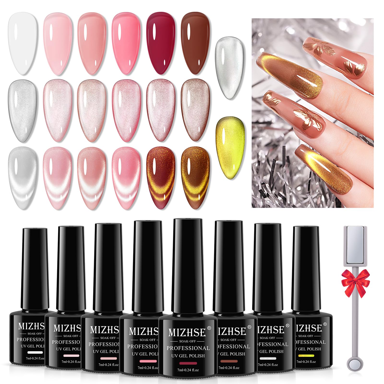 MIZHSE Jelly Gel Nail Polish Set - 12 Classic Cat Eye Gel Colors (Gold, Silver, Nude Pink, Brown) with Glitter & Magnet for Salon-Quality Manicures | Soak Off UV/LED Gel Polish Kit for Home & Professional Use | Perfect Gift for Nail Lovers & DIY Manicure Enthusiasts