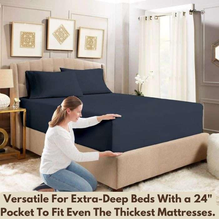 Premium 4-Piece Queen Size Extra Deep Pocket Sheet Set - 18 to 24 Inch Deep Fitted Cotton Bed Sheets in Navy Blue - Perfect for Thick Mattresses, Adjustable Beds & Luxury Bedrooms