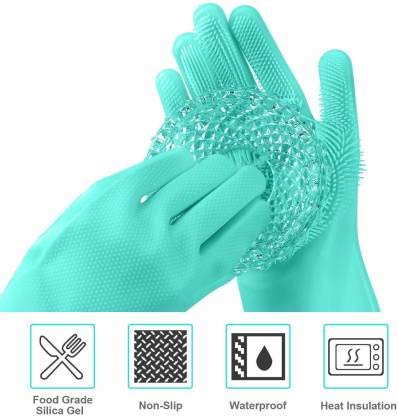 Heat Resistant Reusable Silicone Cleaning Gloves with Scrubber - Dish Washing, Kitchen Cleaning & Pet Hair Removal - 1 Pair Multicolor VR Brite Magic Gloves for Safe Cooking & Household Chores