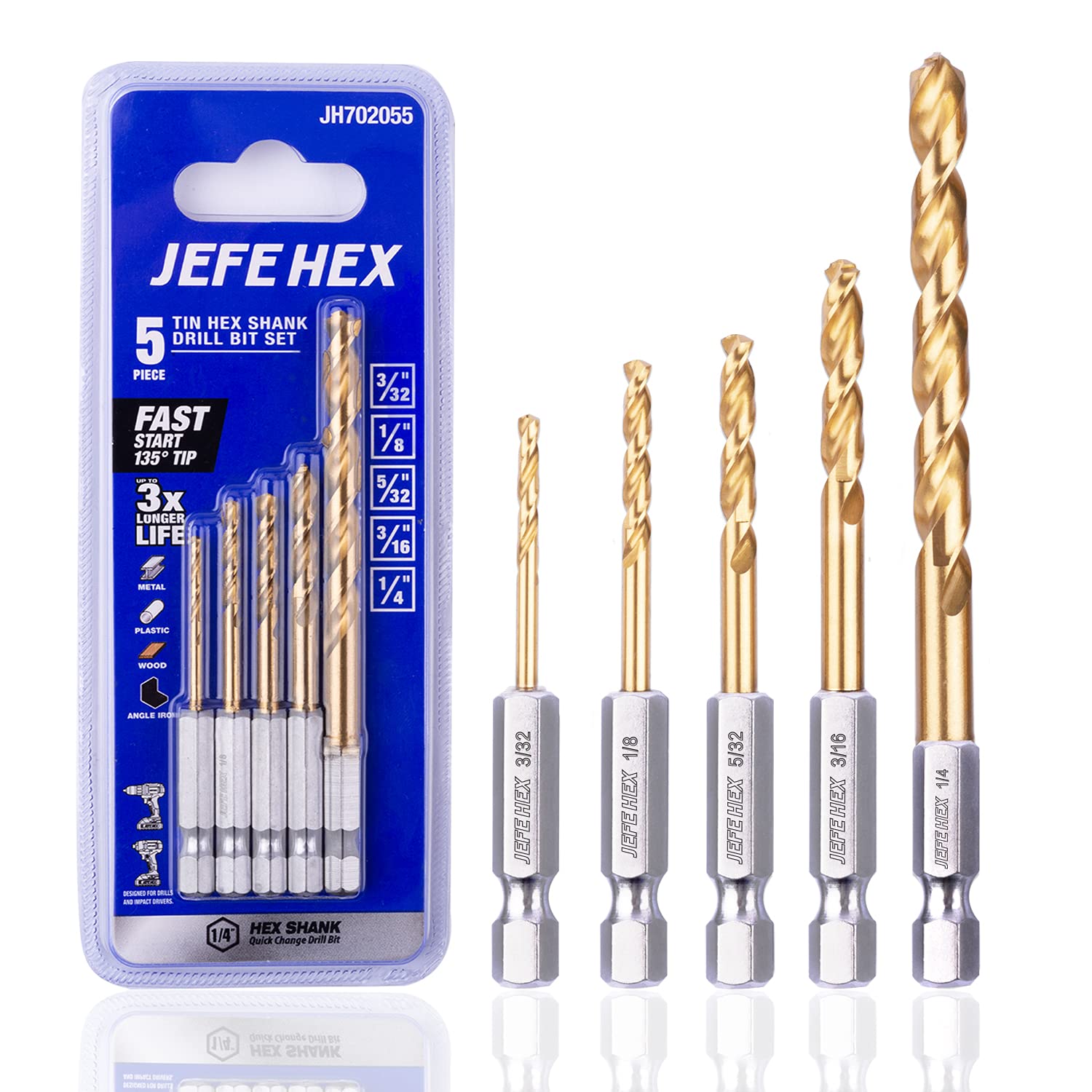 5-Piece Hex Shank Drill Bit Set - HSS Titanium Coated Twist Drill Bits for Steel, Copper, Aluminum & Zinc Alloy - Quick Change Impact Driver Bits for DIY, Woodworking & Metalworking Projects
