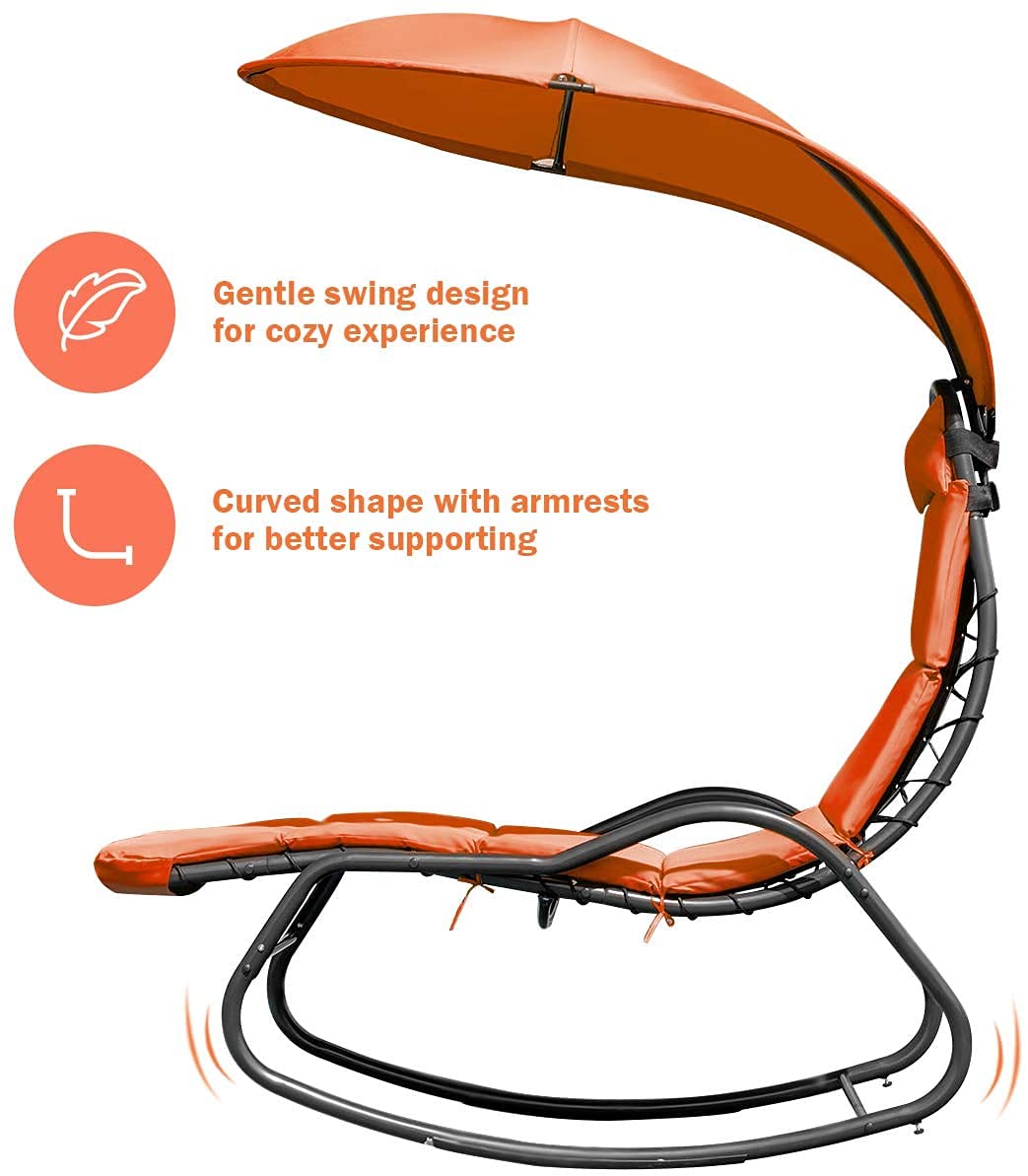 GRAFFY Outdoor Chaise Lounge Swing Chair with Removable Cushion & Canopy - Patio Hammock Rocking Chair for Garden, Backyard, Poolside - Comfortable Recliner with Adjustable Headrest (Orange) - Perfect for Relaxing, Sunbathing, and Lounging by the Pool or in Your Backyard Oasis