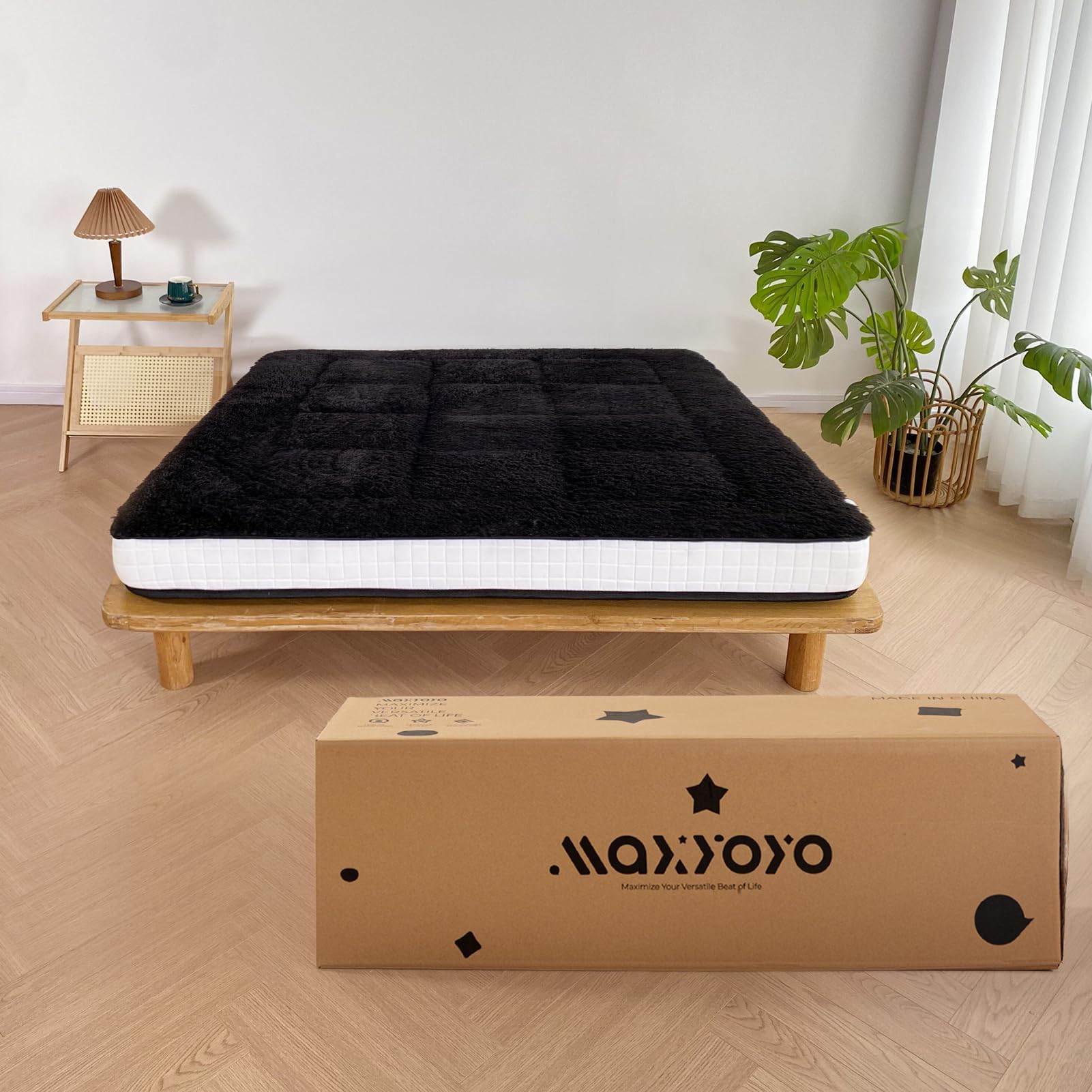 MAXYOYO 6 Inch Extra Thick Fluffy Floor Futon Mattress - Queen Size Plush Japanese Floor Mattress for Adults | Soft Portable Bed for Bedroom, Guest Room, RV & Camping | Machine Washable Black Futon for Cozy Sleeping & Lounging