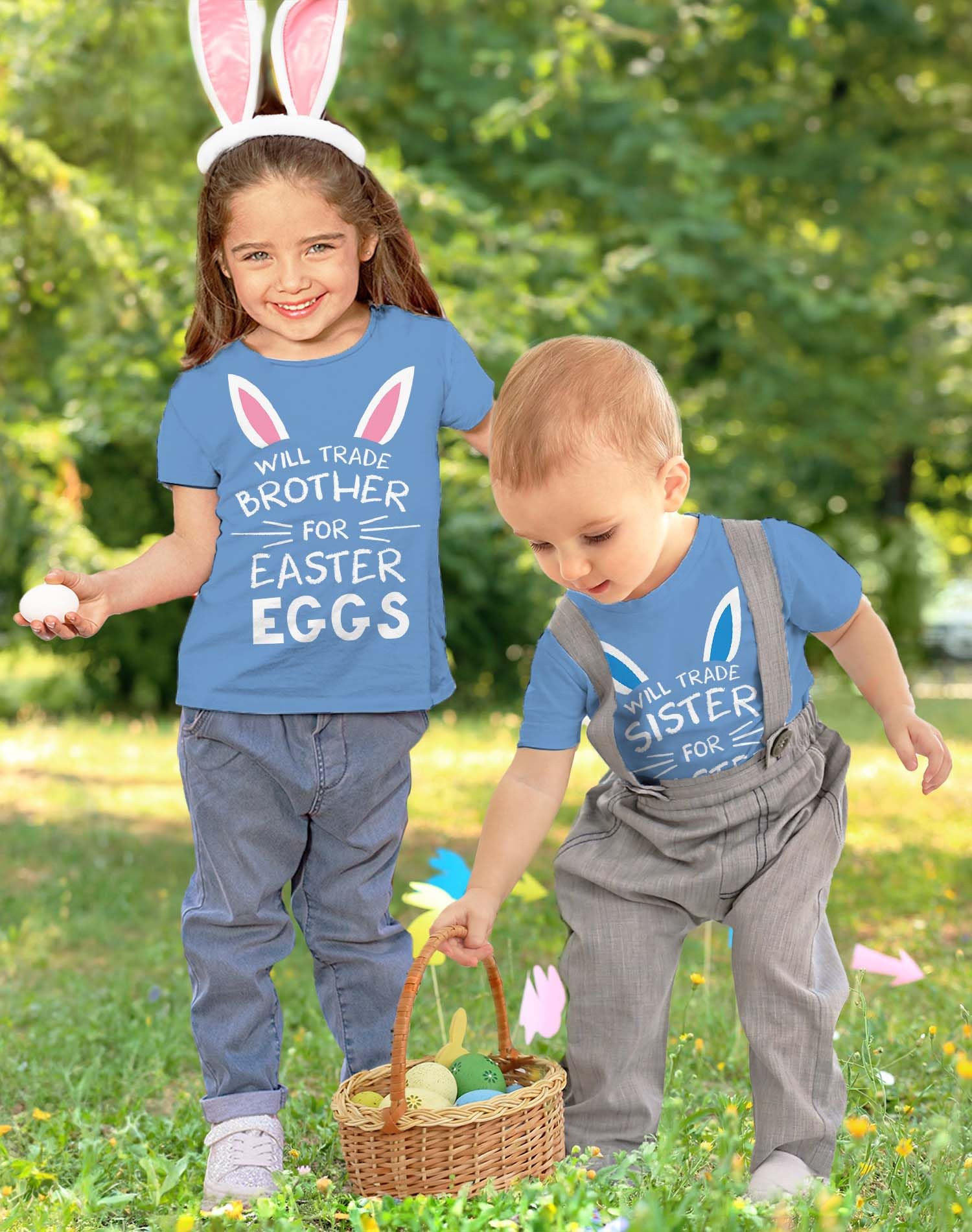 Funny Easter Egg Hunting Sibling T-Shirt for Toddler & Youth Boys & Girls - Cute Brother Sister Matching Outfits for Easter Egg Hunt & Spring Family Activities