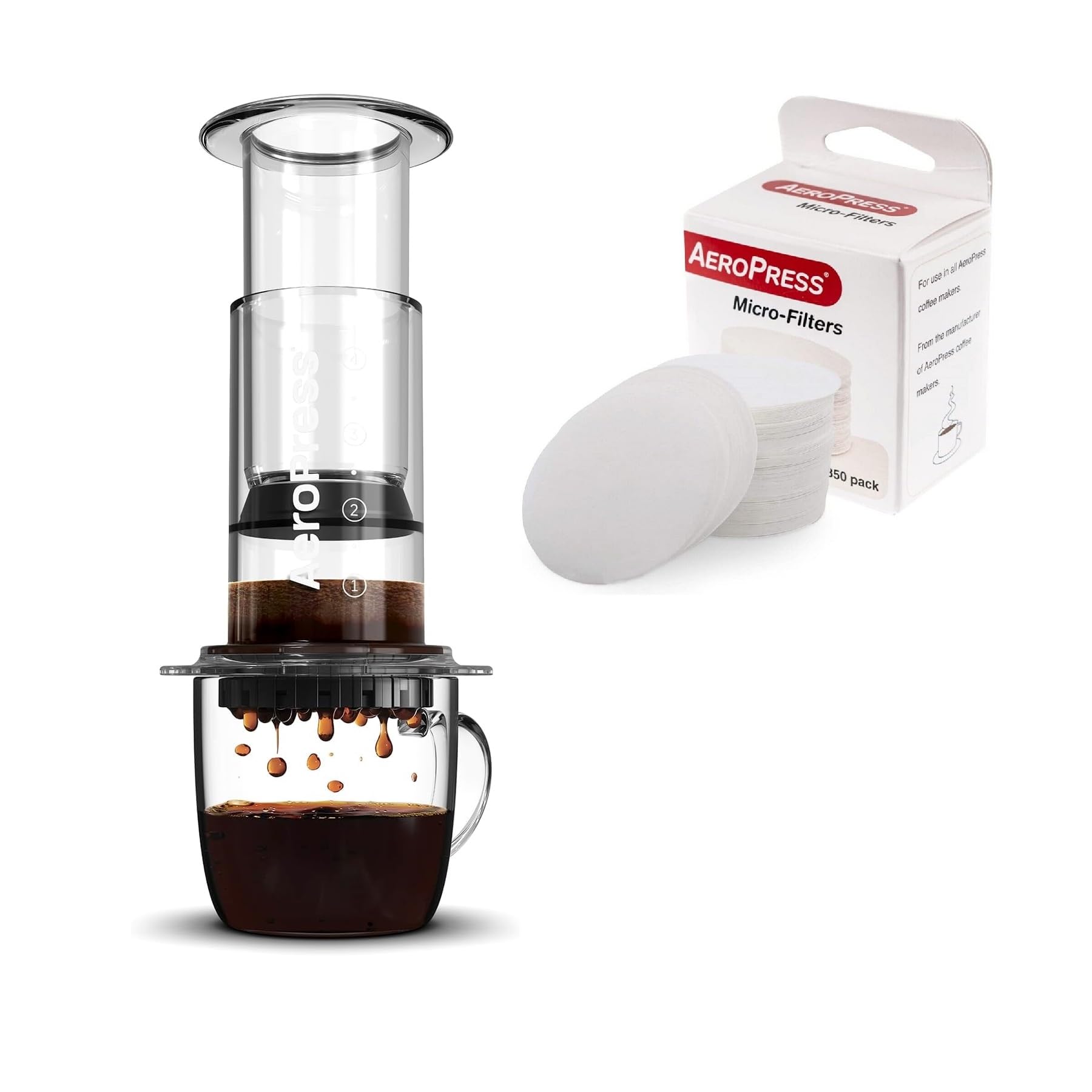 AeroPress Clear Coffee Maker Bundle - Transparent Travel Coffee Press with 350 Microfilters | Portable Espresso & Cold Brew Maker for Camping, Office & Home Use