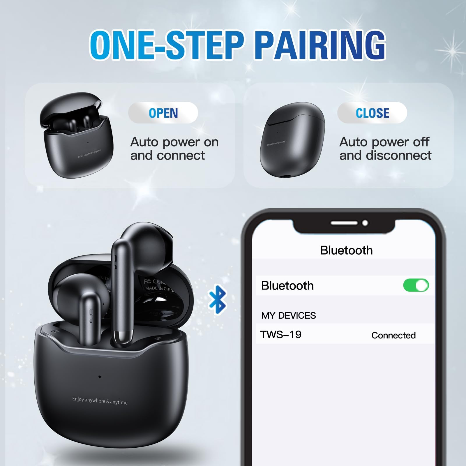 True Wireless Earbuds Bluetooth 5.3 with Microphone, Noise Cancelling & Deep Bass - TWS Wireless Earphones with Charging Case for iPhone & Android (Black) | Perfect for Workouts, Running, Gym & Commuting