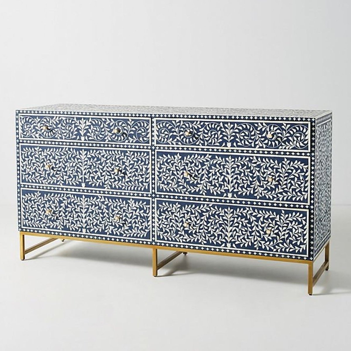 Handmade Bone Inlay Spiral Leaf Pattern 6-Drawer Dresser in Navy Blue - Vintage Boho Bedroom Furniture for Home Decor & Storage