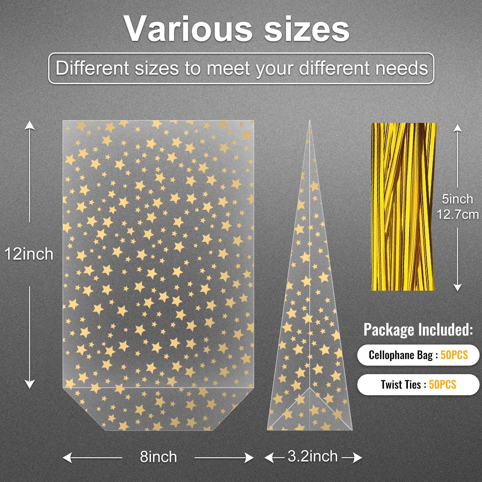 50Pcs 8x12 Inch Clear Cellophane Gift Bags with Gold Star Print & Twist Ties - Bulk Party Favor Bags for Cookies, Candies, Treats & Wedding Favors