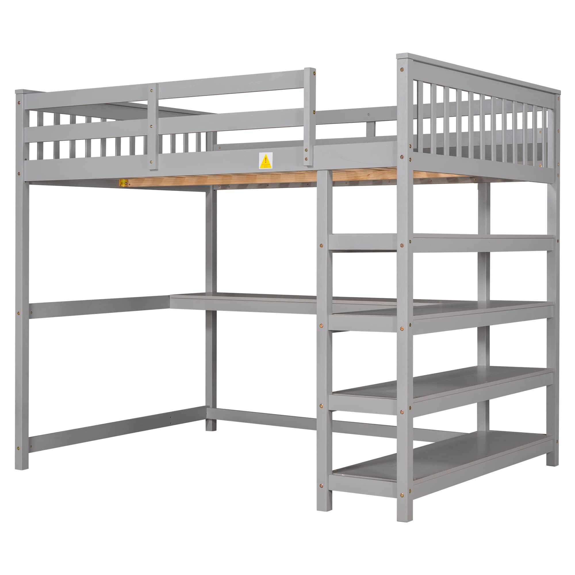 Bellemave Full Size Loft Bed with Desk & Storage Shelves - Solid Wood Loft Bed Frame for Teens & Adults - Space-Saving Bedroom Furniture (Gray) - Perfect for Small Rooms, Dorms & Apartments
