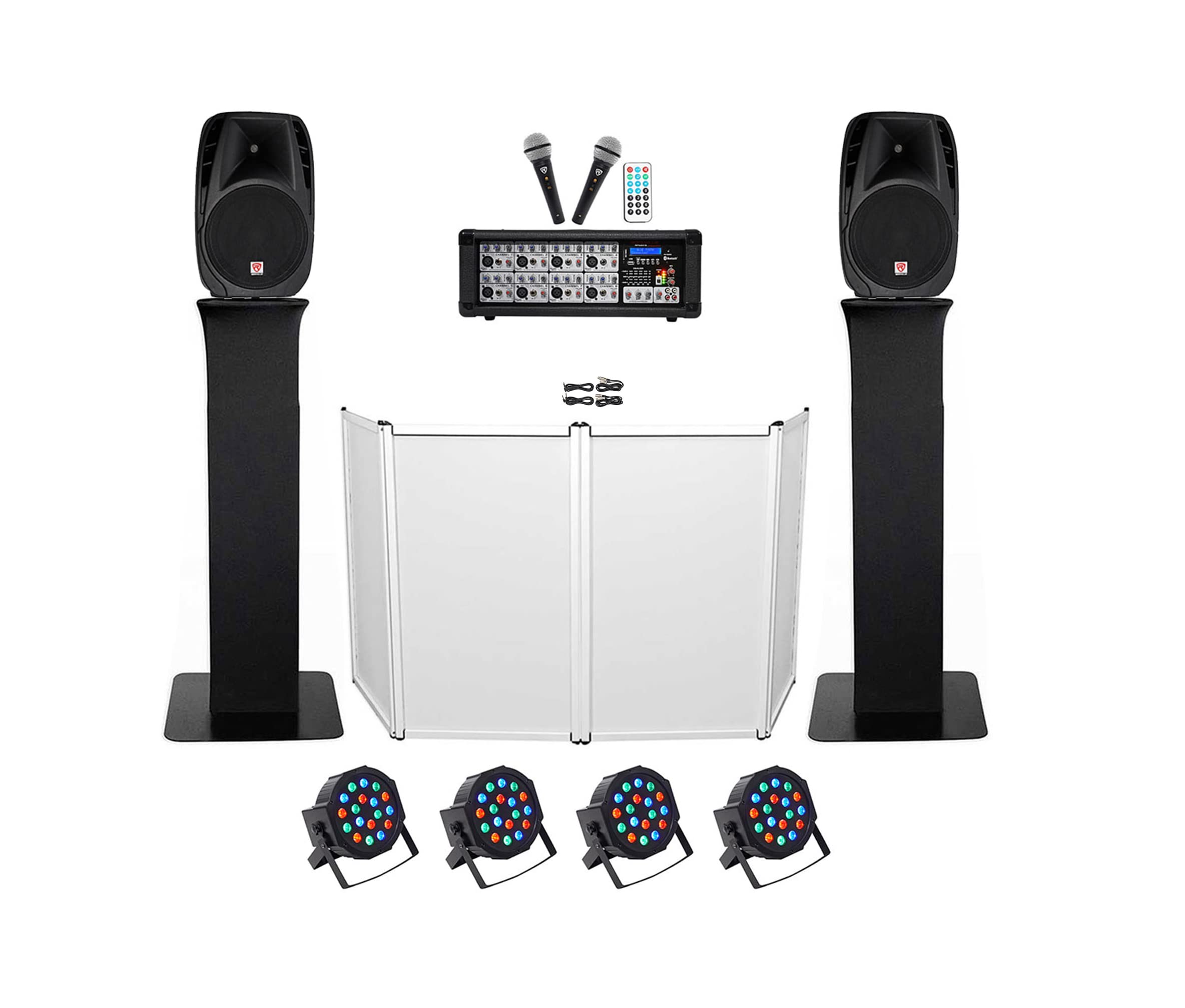 Professional DJ Package with 15 Speakers, Bluetooth Mixer, Microphones, Totem Stands, Facade & Lights - Perfect for Weddings, Parties & Live Events