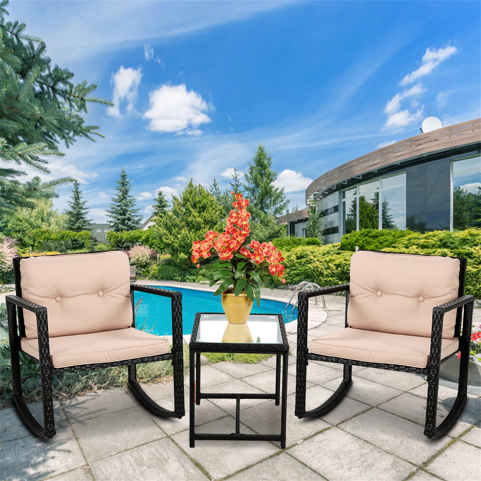 3-Piece Black Wicker Rattan Patio Set with Coffee Table & Beige Cushions - Modern Outdoor Garden Furniture for Backyard, Porch, Poolside, Lawn & Yard - Perfect for Relaxing, Entertaining & Outdoor Dining