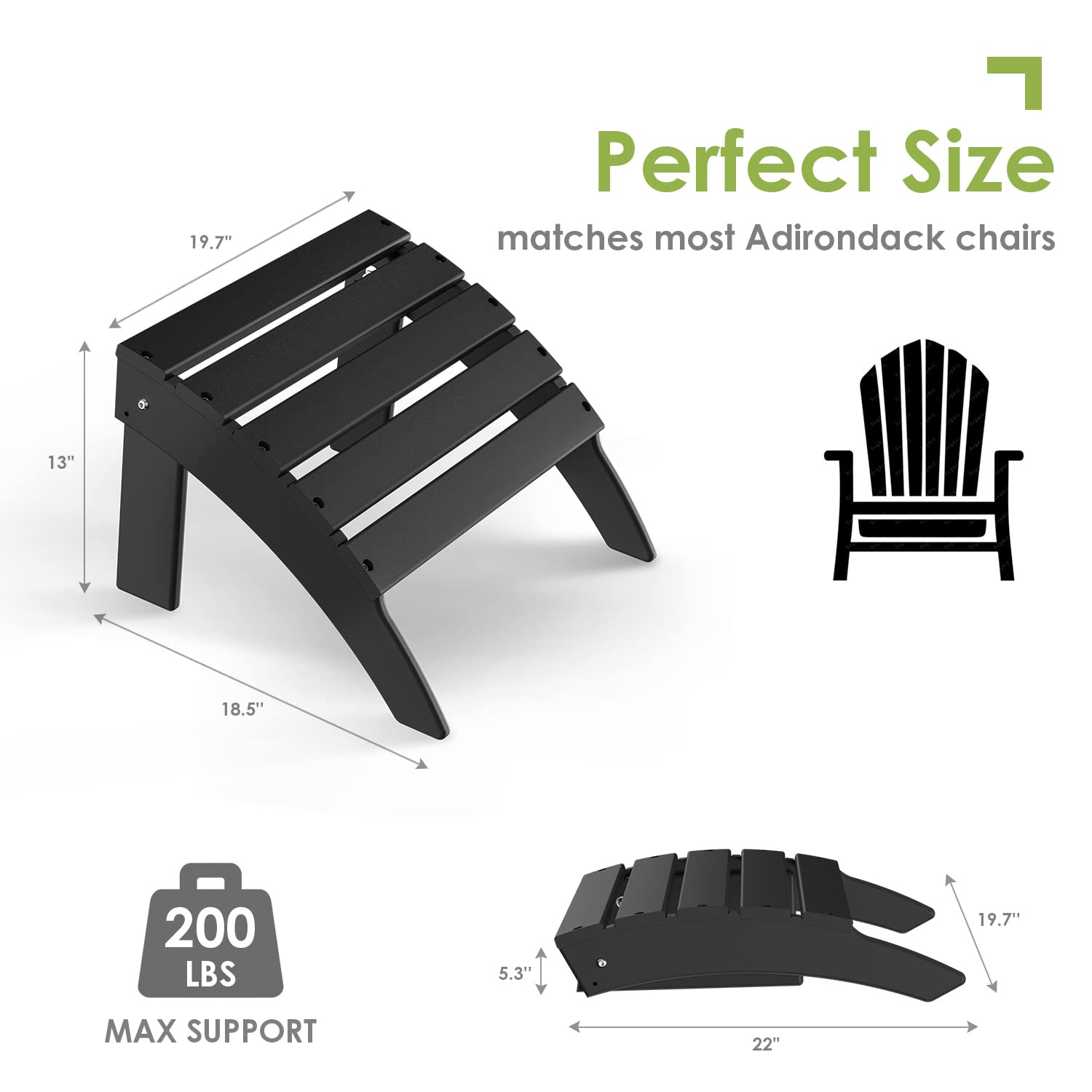 **Adirondack Ottoman - Foldable HDPE Plastic Outdoor Footrest Stool for Adirondack Chairs - All-Weather Black Foot Stool for Patio, Backyard & Poolside Relaxation**