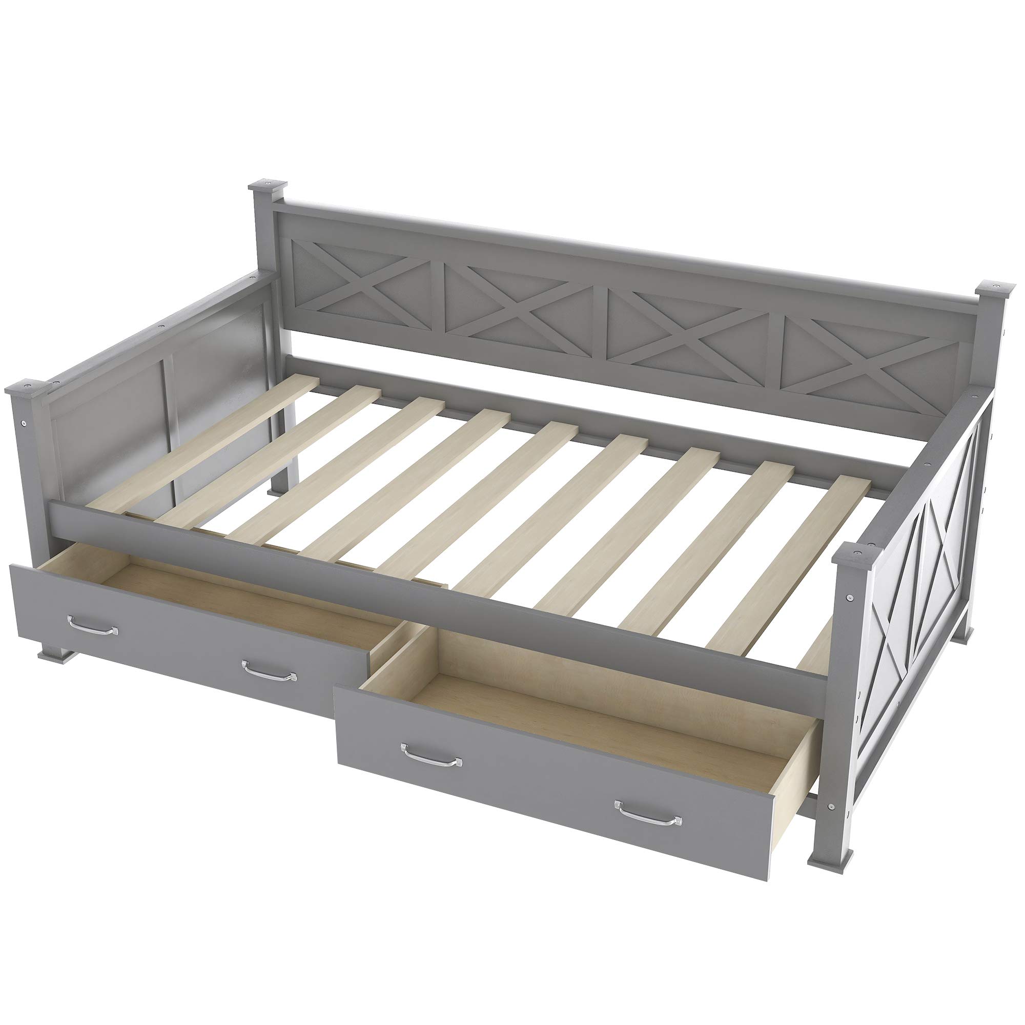 Twin Daybed with Storage Drawers, X-Frame Sofa Bed for Bedroom & Living Room - Grey