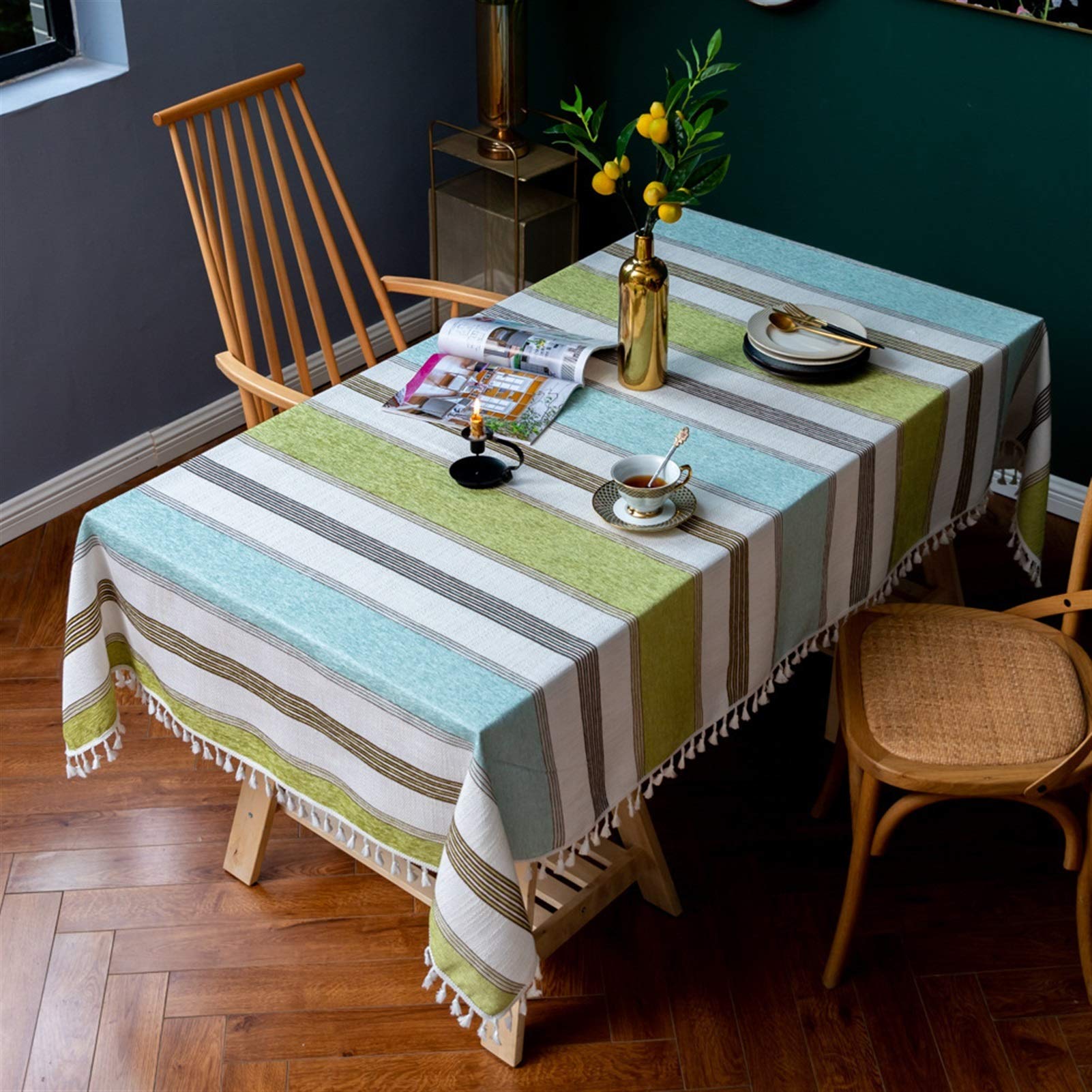 Premium Nordic Tassel Christmas Tablecloth - Thick Cotton Linen Blend with Elegant Green & Blue Stripes, Dustproof Lace Trim - Perfect for Holiday Dining, Party Decor, and Festive Home Decorations