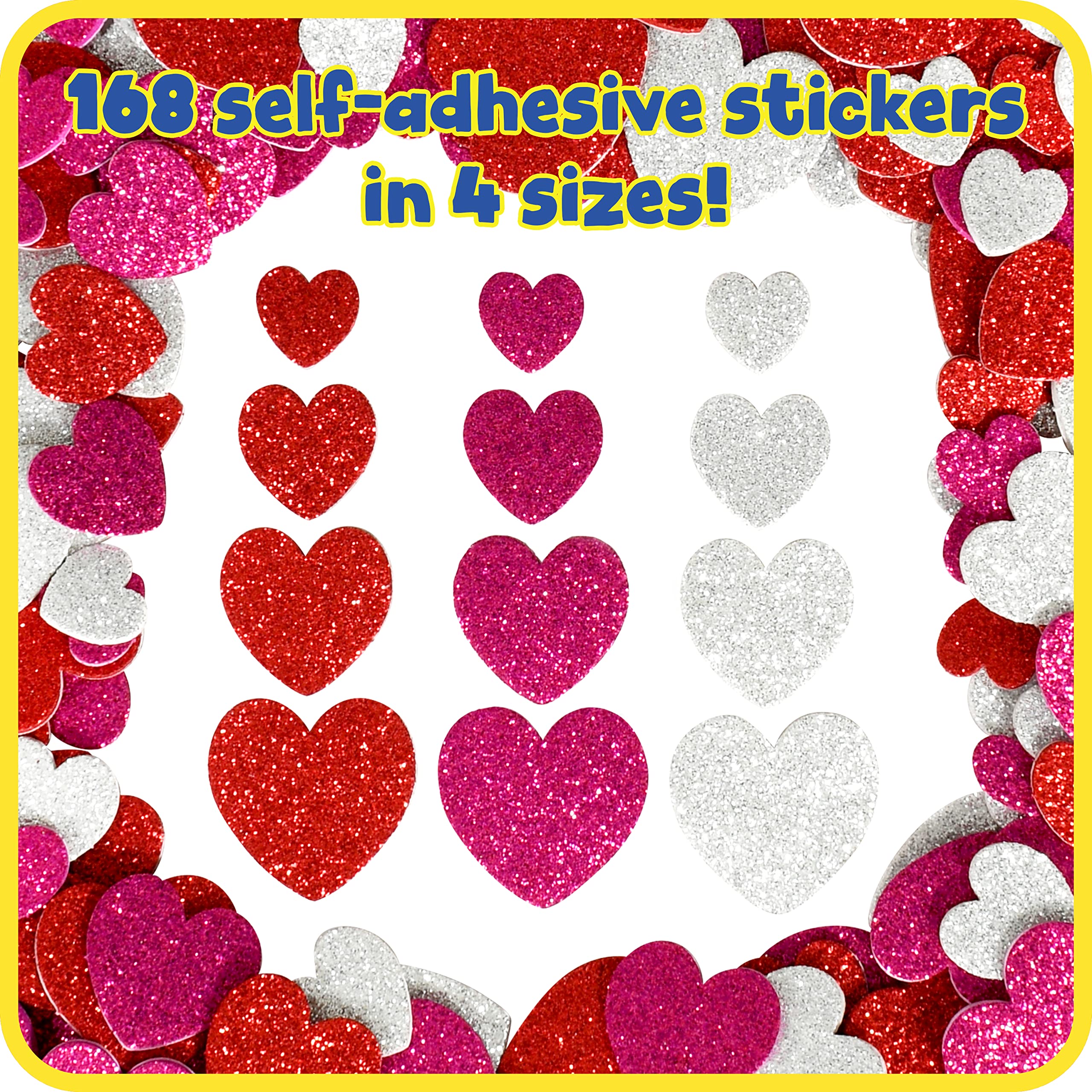 READY 2 LEARN Glitter Foam Stickers - 168 Self-Adhesive Heart Stickers for Kids (Red, Pink, Silver) - Perfect for Scrapbooking, DIY Crafts, School Projects & Party Decorations