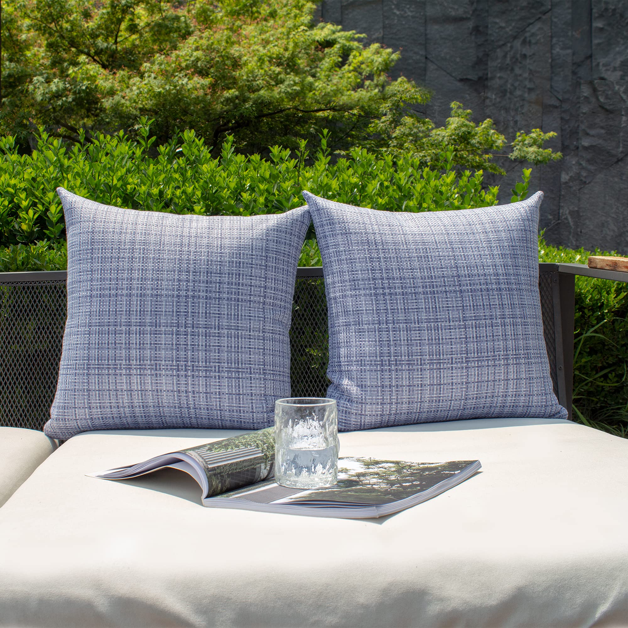 Kevin Textile 2-Pack Waterproof Outdoor Decorative Throw Pillow Covers - 22x22 Inch Stripe Cushion Cases for Patio, Couch & Bench - Purple & Blue Modern Design - Perfect for Garden, Poolside & Outdoor Furniture Protection