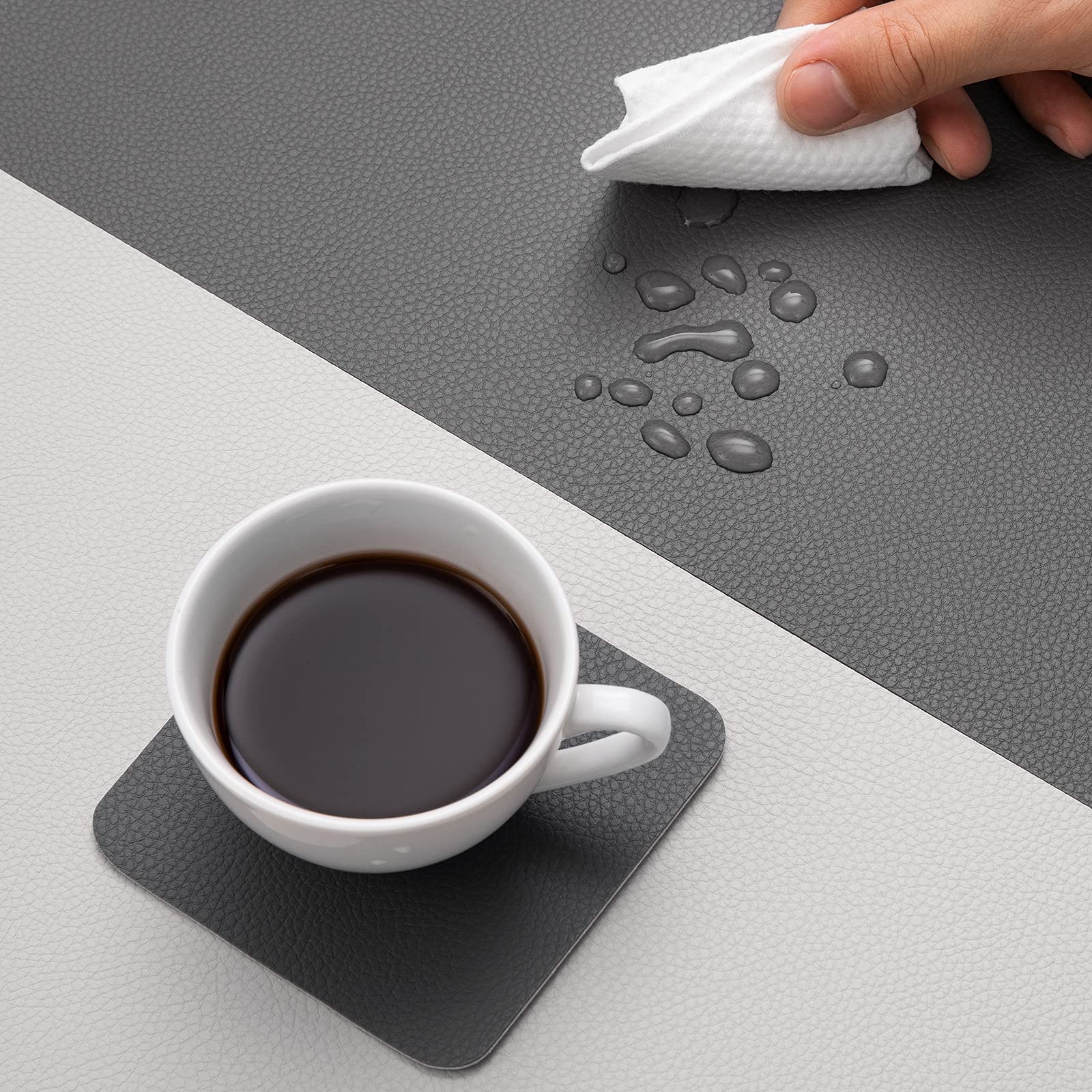 Myir JUN Faux Leather Placemats Set of 6 with Coasters - Dual Sided Waterproof & Stain Resistant Table Mats for Dining Room, Kitchen, Office - Gray Beige Home Decor (6 Pieces)
