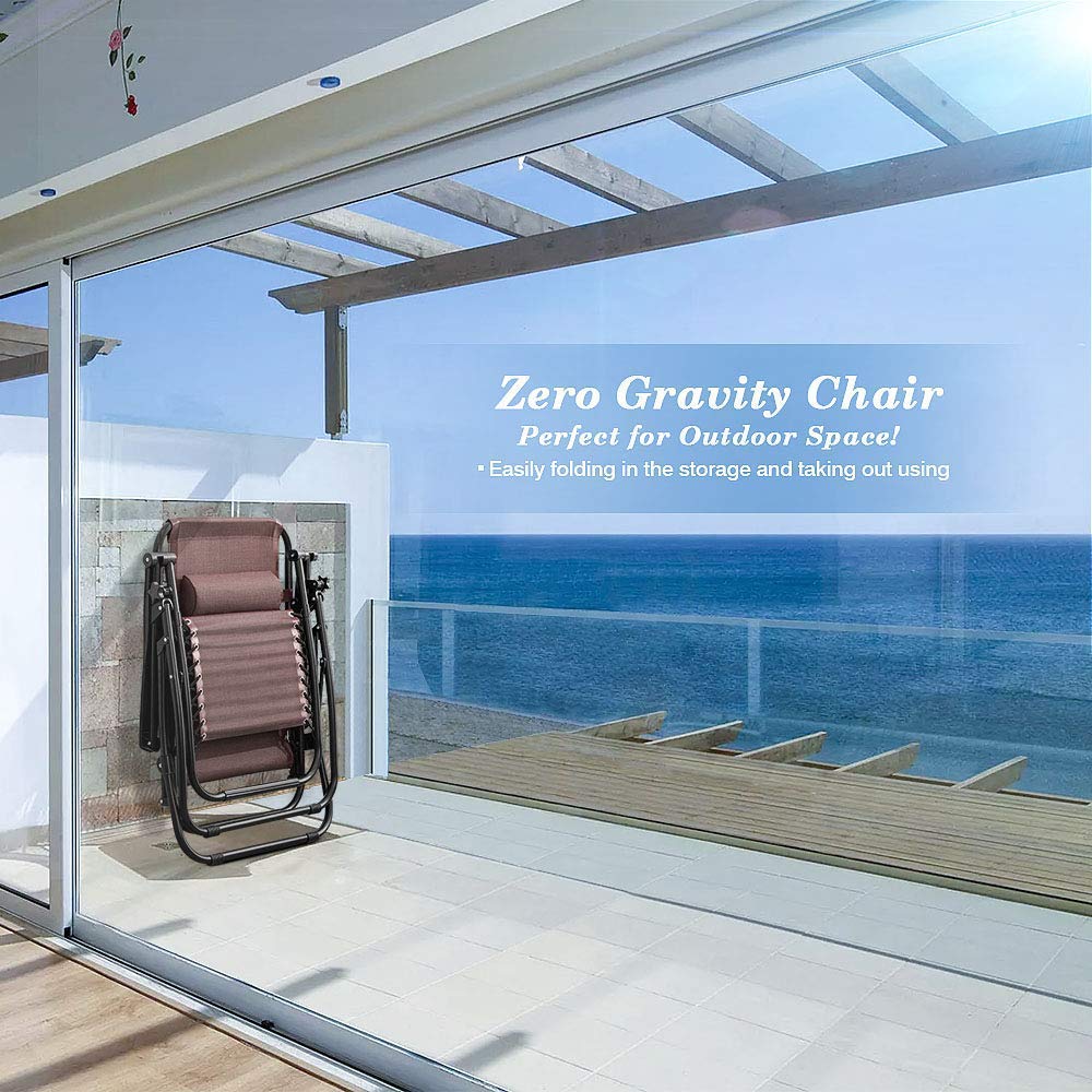 Homall Zero Gravity Reclining Chair - Patio, Lawn, Poolside & Beach Lounge Chair with Pillows - Heavy Duty Folding Outdoor Recliner for Backyard, Camping & Relaxation (Set of 2, Brown) - Perfect for Sunbathing, Reading & Outdoor Lounging