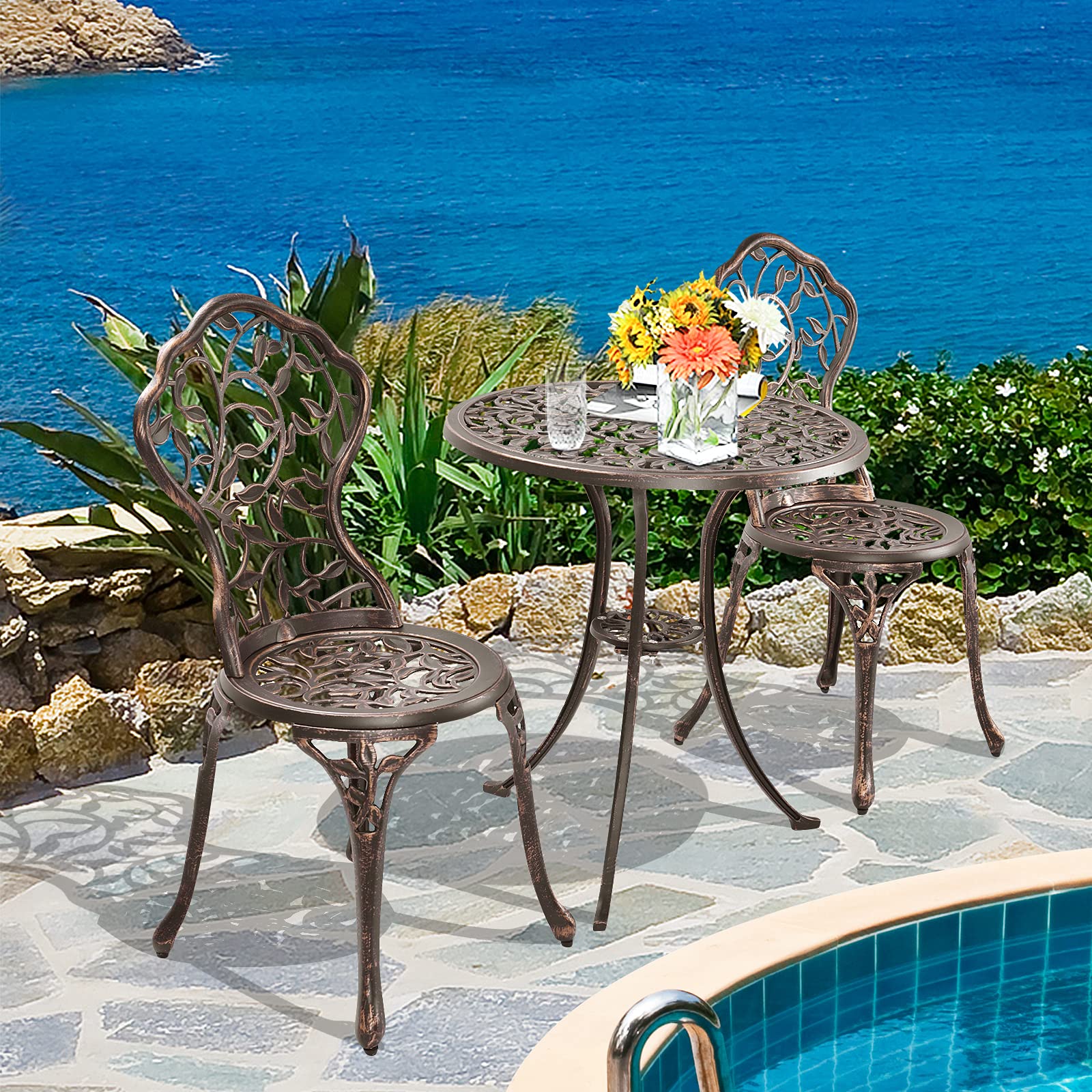 Tangkula 3-Piece Outdoor Bistro Set - Rust-Resistant Cast Aluminum Patio Furniture with Table & Chairs for Balcony, Backyard, Garden & Poolside - Perfect for Outdoor Dining, Lounging and Entertaining