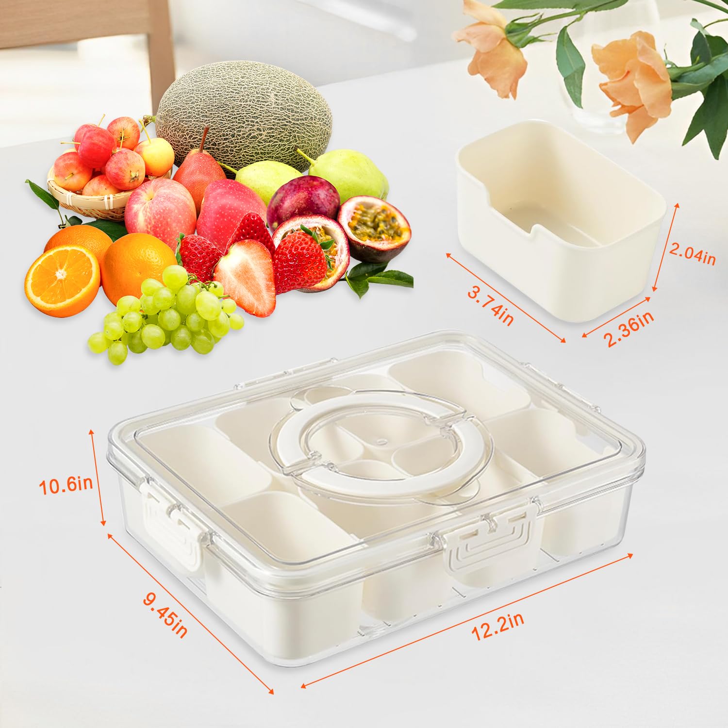 8-Compartment Snackle Box Container with Lid & Handle - Divided Serving Tray for Candy, Fruit, Snacks - Perfect for Parties, Picnics, School Lunches & Outdoor Gatherings