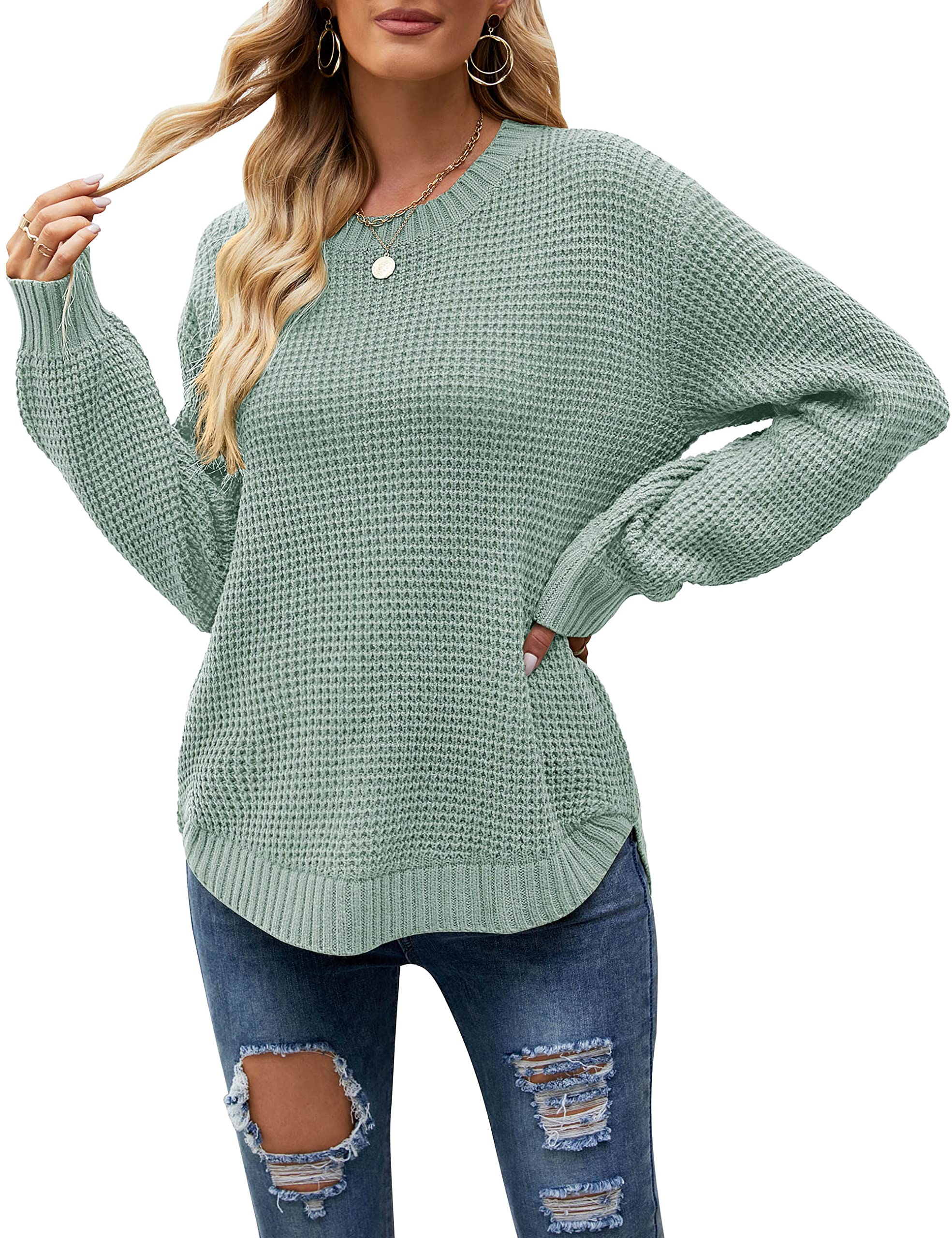 MEROKEETY Women's 2024 Fall Waffle Knit Sweater - Long Balloon Sleeve Loose Pullover Jumper | Cozy Casual Knitwear for Autumn Outfits, Office Wear & Weekend Relaxation