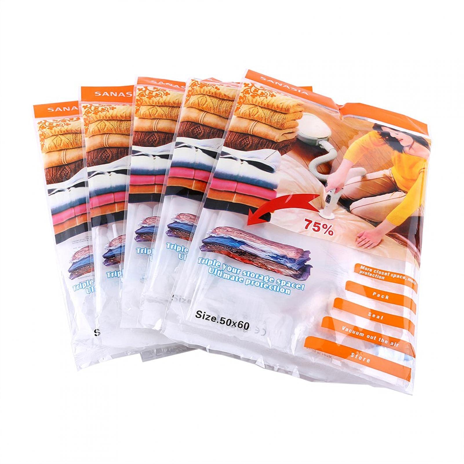 DyAn Vacuum Storage Bags 5-Pack - Space Saving Compressed Storage Bags for Clothes, Blankets & Travel (50x60cm) | Home Organization & Luggage Packing Solution