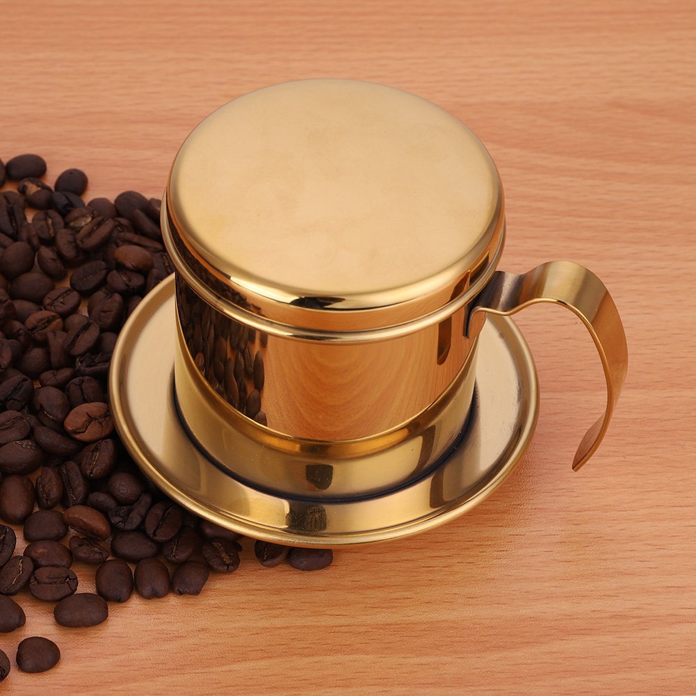 Premium Stainless Steel Vietnamese Coffee Maker - Portable Phin Filter Dripper for Authentic Vietnamese Iced Coffee - Ideal for Home, Office & Travel (Gold)