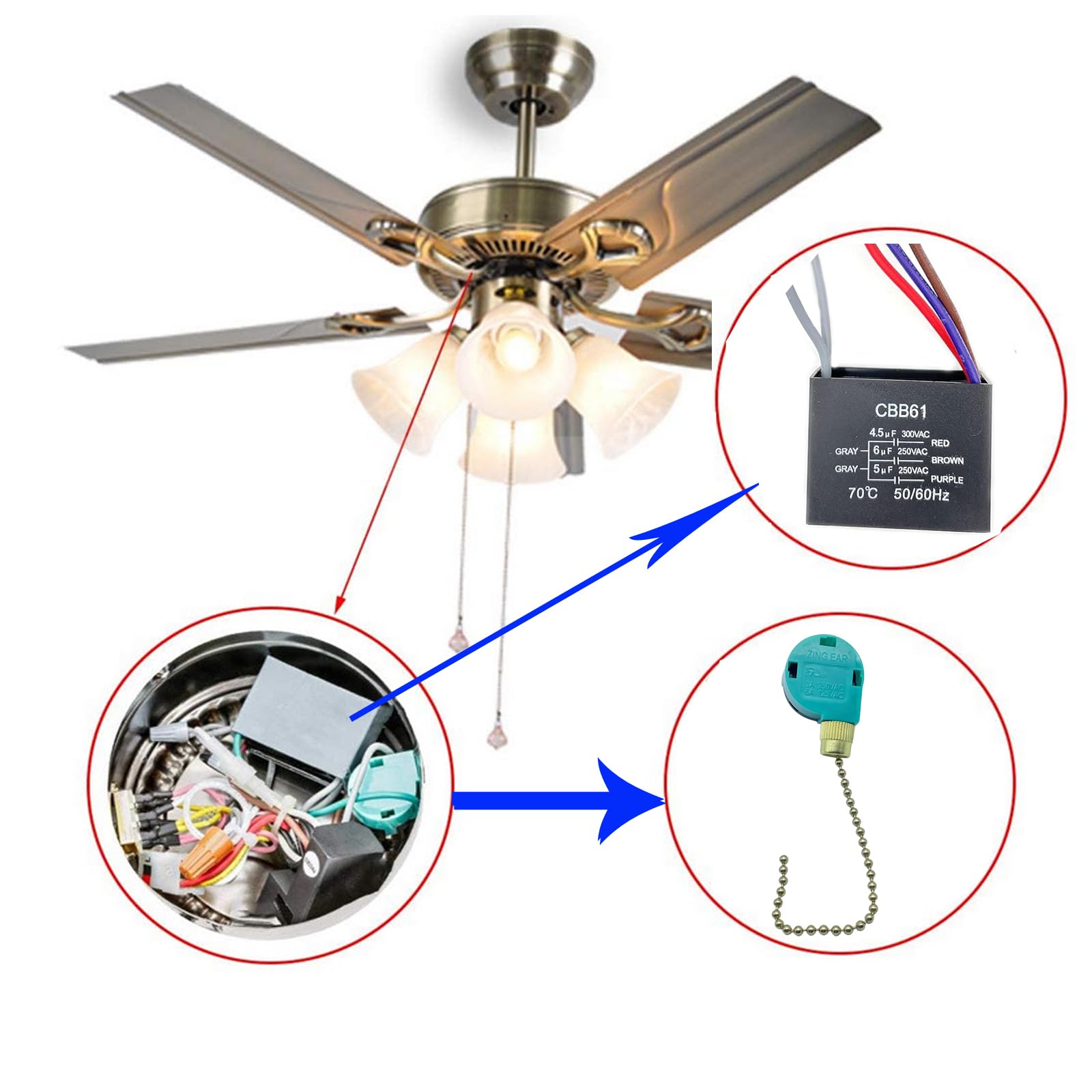 High-Quality CBB61 Ceiling Fan Capacitor 4.5uf + 6uf + 5uf 5-Wire 250V & 3-Speed 4-Wire Pull Chain Switch with Light Control - Perfect for Home, Office, and Bedroom Ceiling Fan Repairs and Upgrades