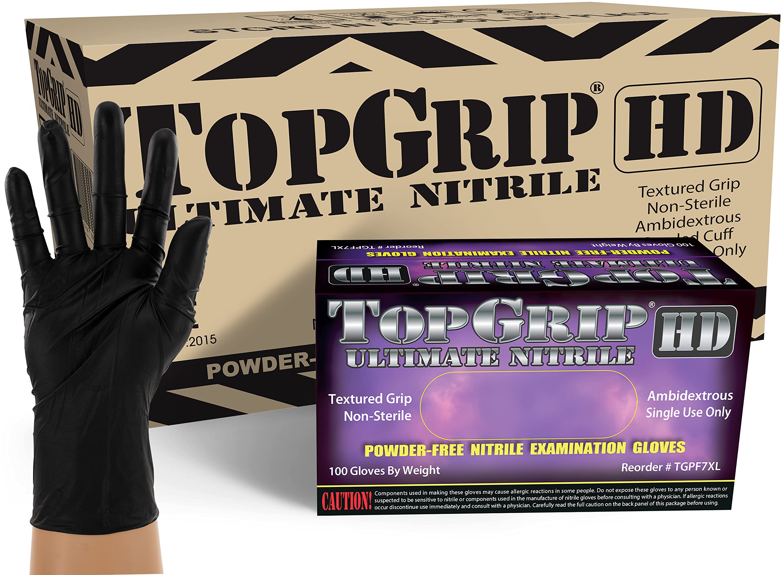 TopGrip HD 7 Mil Heavy-Duty Black Nitrile Exam Gloves - Disposable, Powder-Free, Latex-Free - Case of 1000, X-Large (XL) - Ideal for Medical, Dental, Tattoo, Food Service & Industrial Use