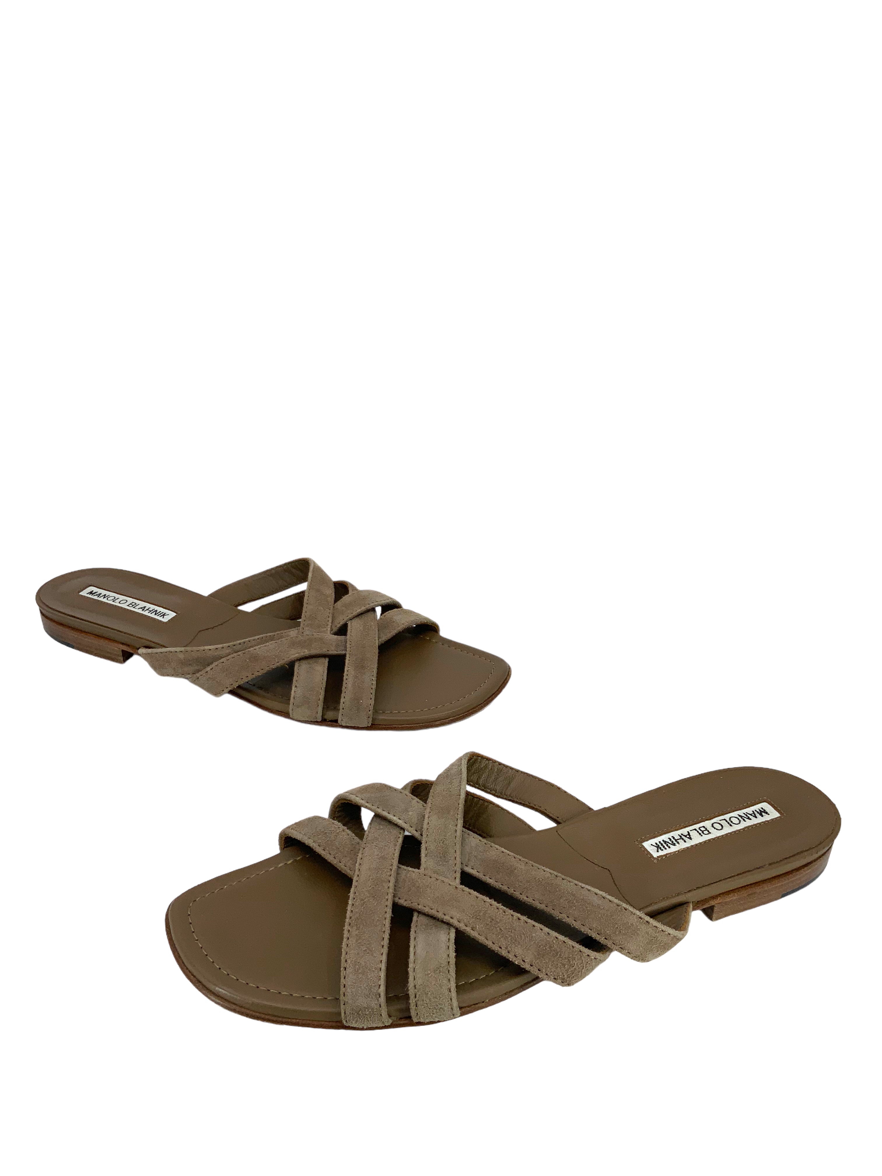 Manolo Blahnik Suede Strappy Slide Sandals Women's Size 8 | Comfortable Summer Dressy Heeled Sandals for Weddings, Parties & Date Nights