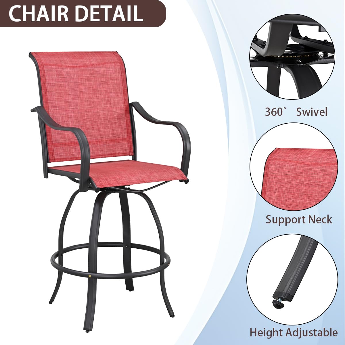 3 Piece Patio Bar Set with 360° Swivel Chairs & Tempered Glass Top Table - Outdoor High Top Dining Furniture for Porch, Yard, Garden, Balcony, Deck - Perfect for Entertaining, BBQs & Relaxing (Red)