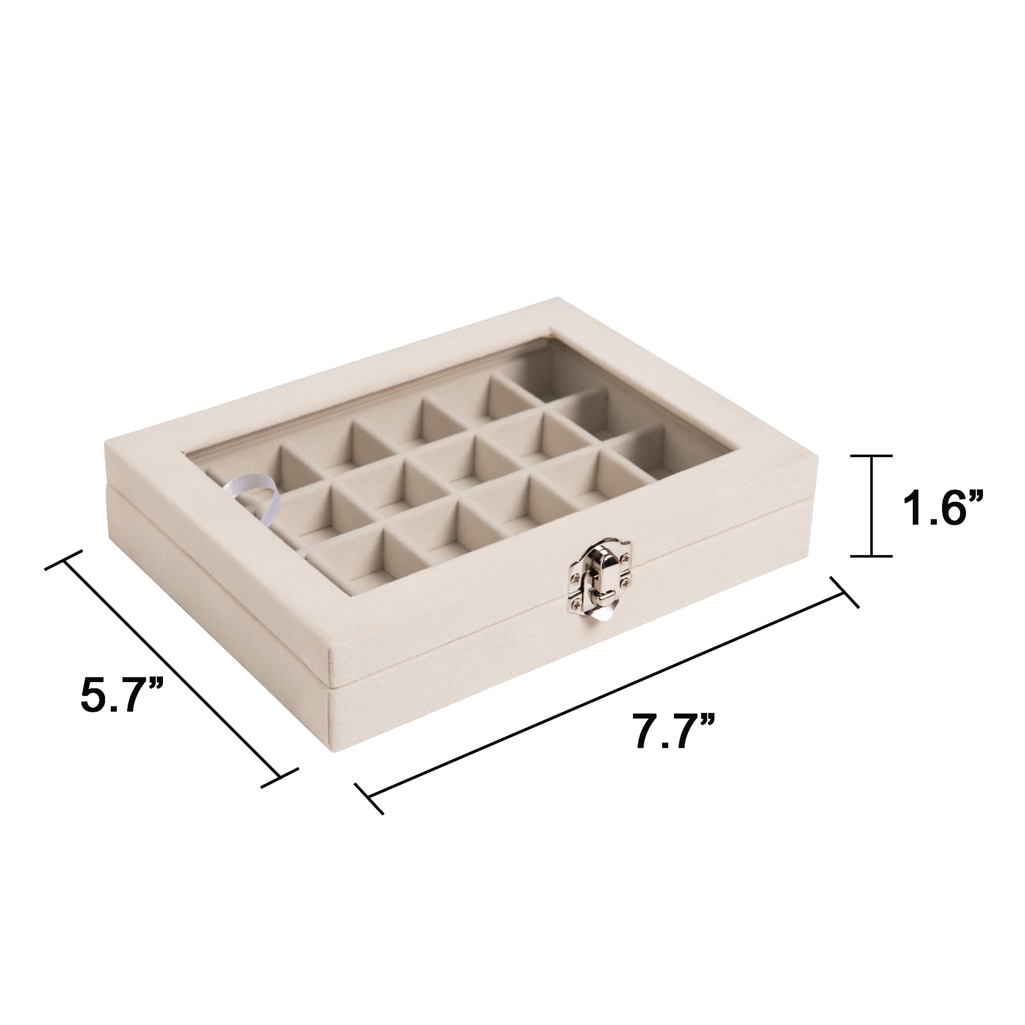 Frebeauty 24-Slot Velvet Jewelry Organizer Tray with Clear Lockable Lid - Earring, Ring, and Stud Holder for Women & Girls (Beige) | Perfect for Travel, Vanity, and Gift Giving