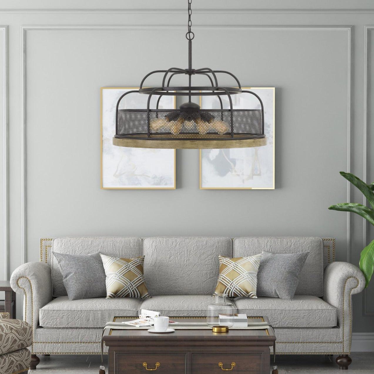 Cal Lighting Akaki Modern Farmhouse Chandelier - Metal & Pine Wood Ceiling Light Fixture for Dining Room, Kitchen Island or Bedroom Lighting
