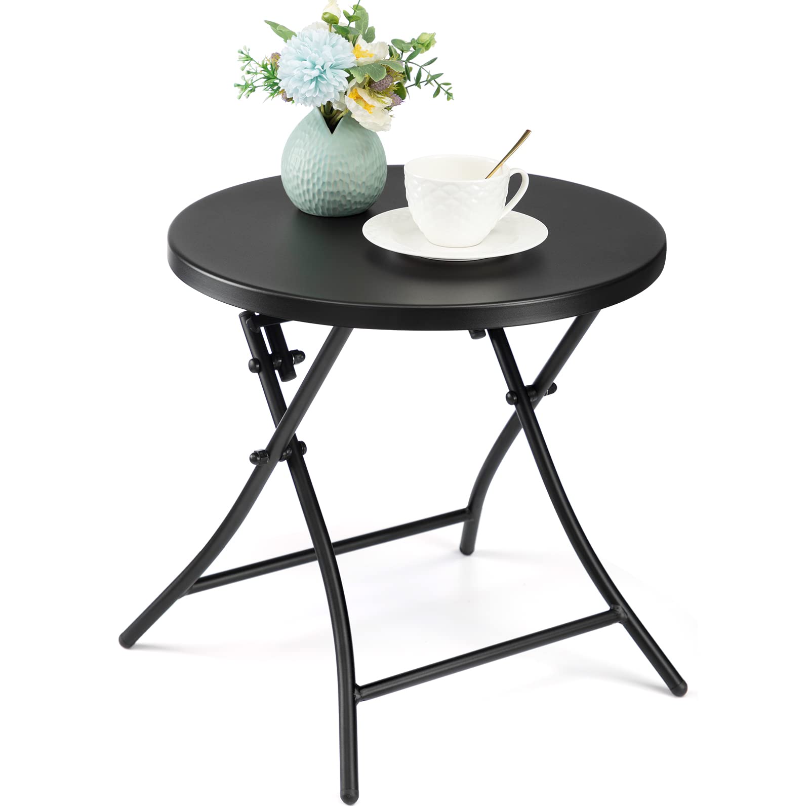 TeoKJ Folding Outdoor Side Table - Rust-Resistant Round Metal Patio End Table for Porch, Yard, Balcony, Deck & Lawn (All Black) | Perfect for Camping, Picnics & Outdoor Relaxation