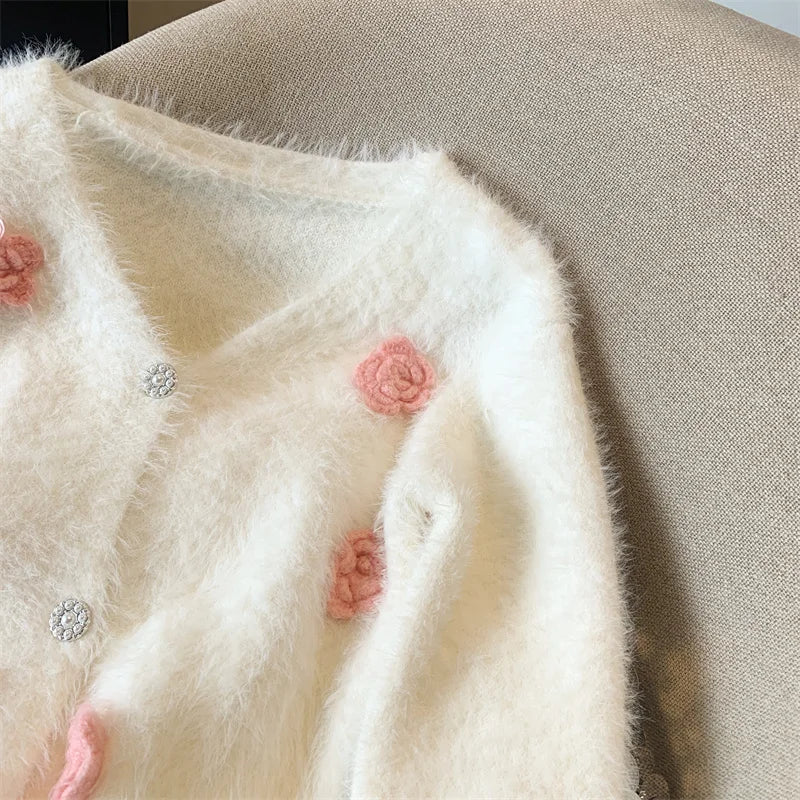 Women's V-Neck Long Sleeve Knitted Cardigan - White & Pink Floral Design Imitation Mink Sweater for Autumn Winter | Cozy Fall Layering, Office Wear & Casual Outfits