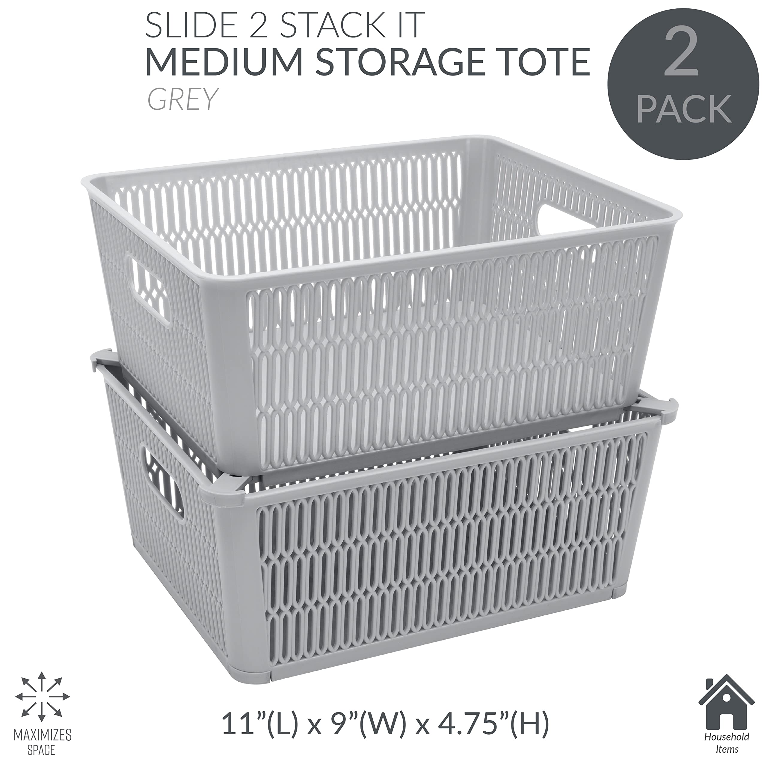 Simplify 2-Pack Large Slide & Stack Tote Baskets - Grey Storage Bins with Stackable Design for Bathroom, Craft Room, Pantry, Playroom & Office Organization | Perfect for Home Storage & Clutter Control