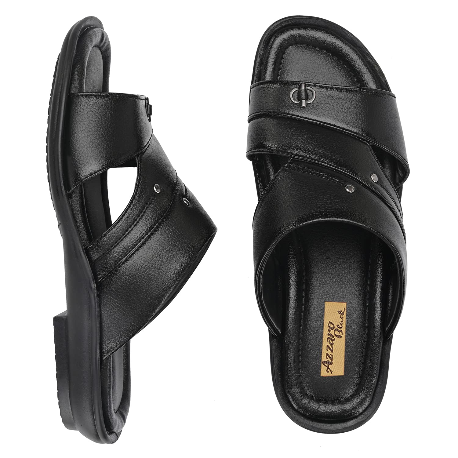 AZZARO BLACK Men's Synthetic Leather Slip-On Casual Slippers - Comfortable Indoor & Outdoor House Shoes for Lounging, Errands, and Relaxation